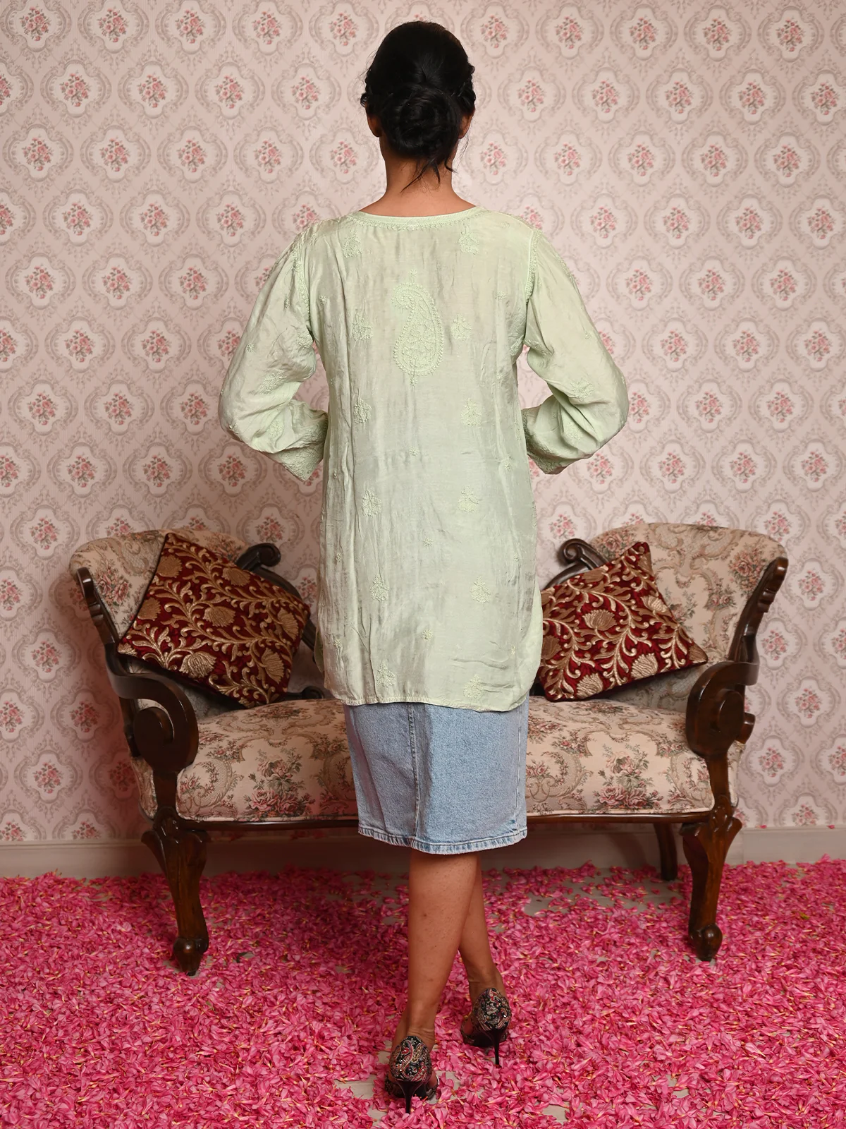 Odette Women Light Green Polyester Viscose Chikankari Embroidered Stitched Short Kurti - Image 3