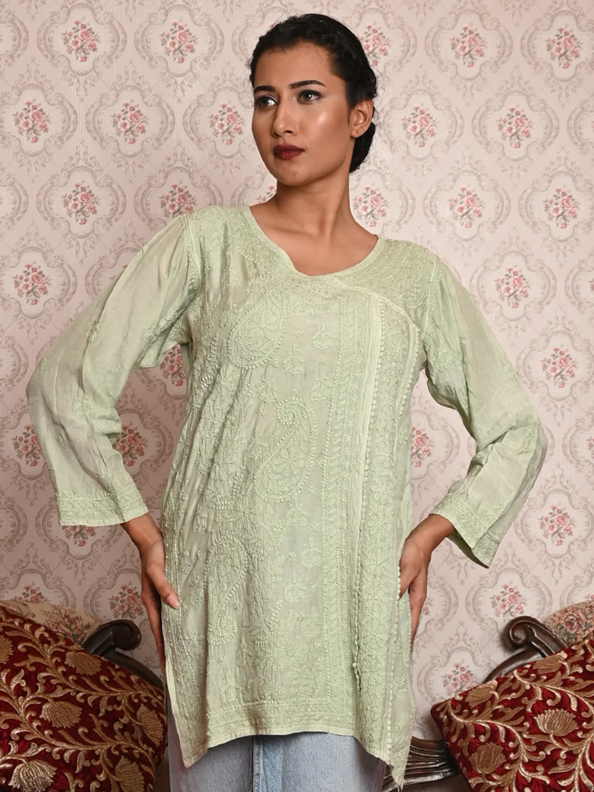 Odette Women Light Green Polyester Viscose Chikankari Embroidered Stitched Short Kurti - Image 4