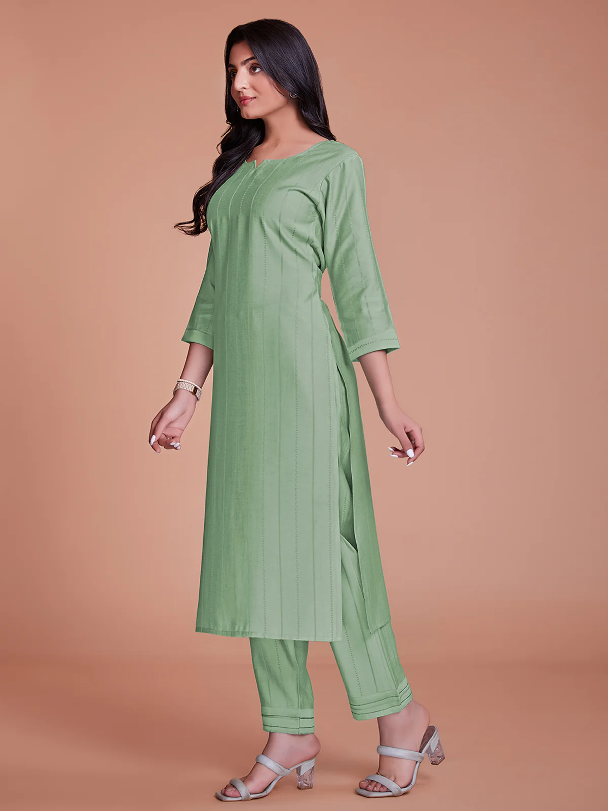 Odette Women Light Green Woven Stitched Kurta Set - Image 4