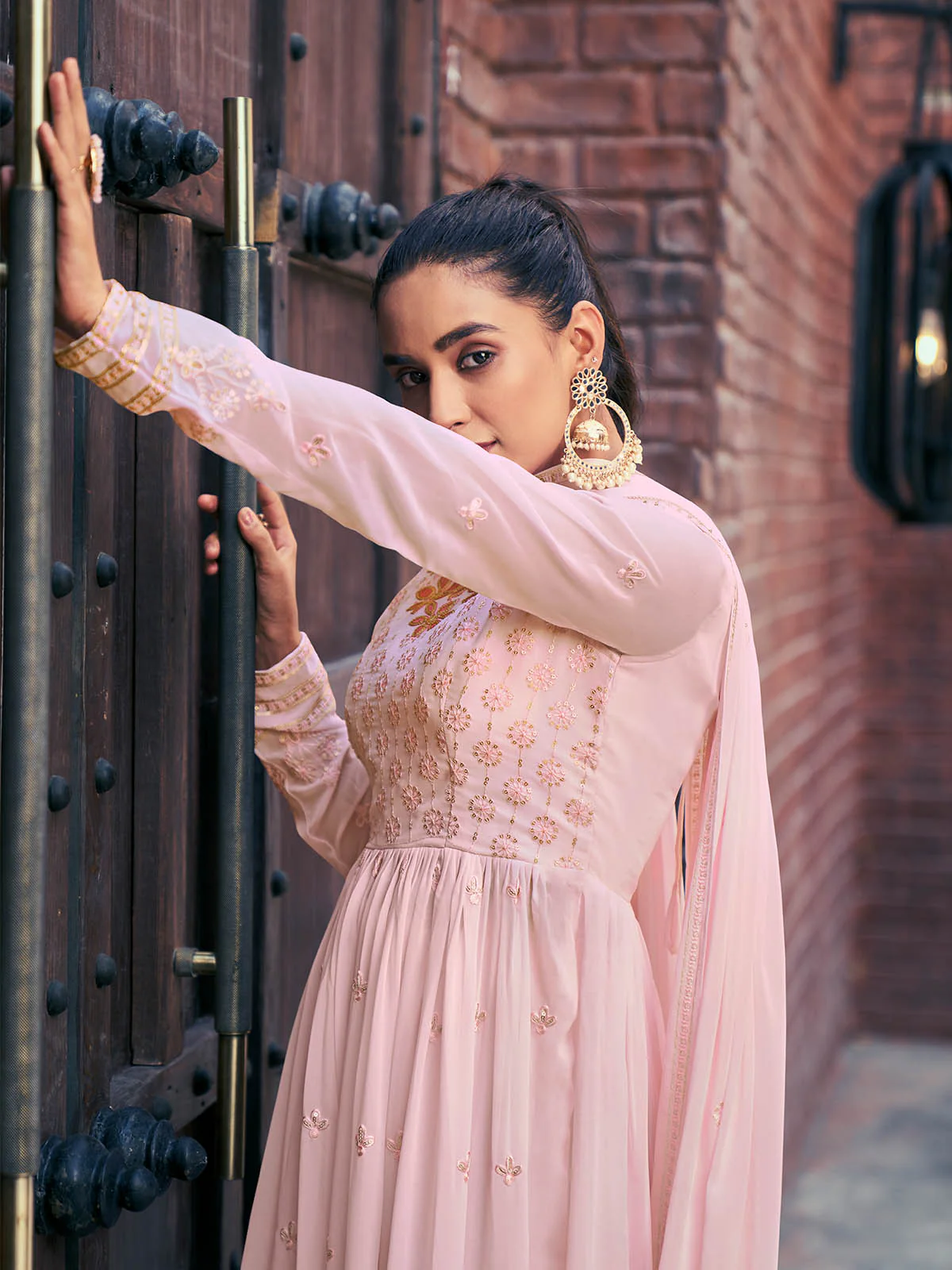 Odette Women Light Pink Georgette Semi Stitched Palazzo Suit - Image 3