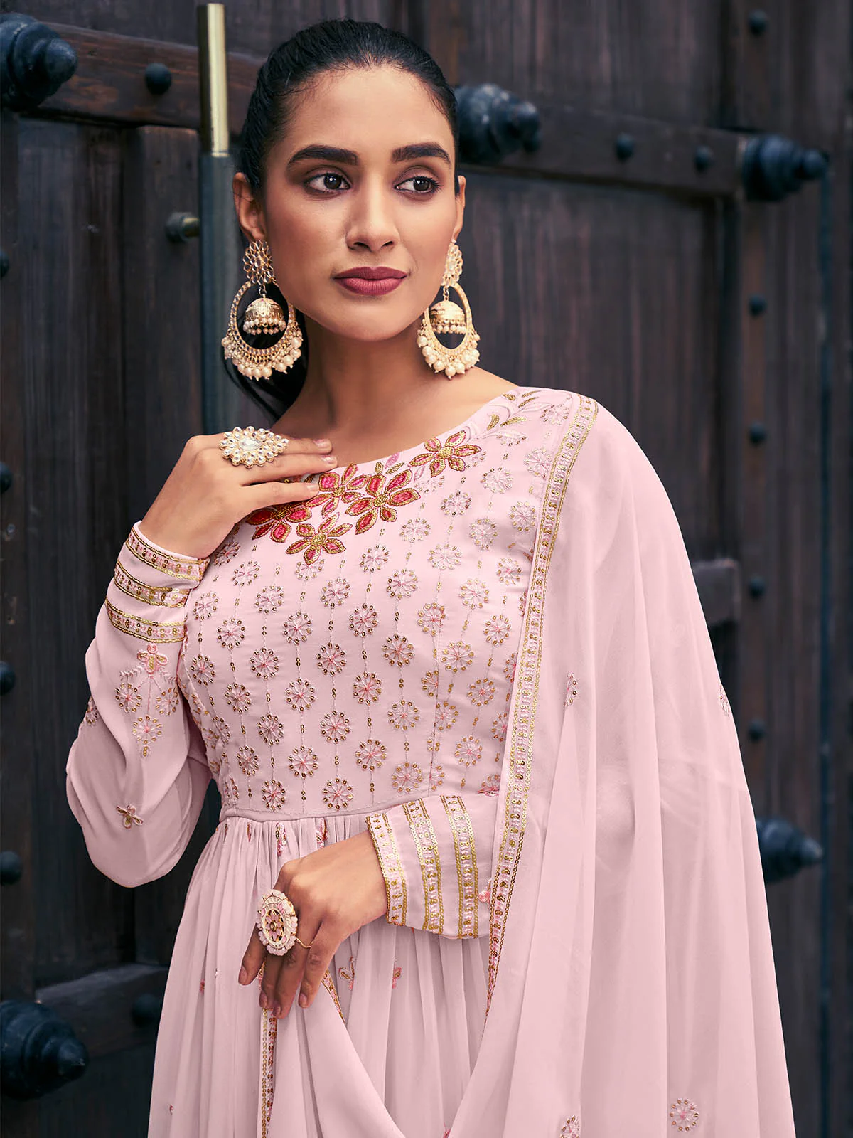 Odette Women Light Pink Georgette Semi Stitched Palazzo Suit - Image 5