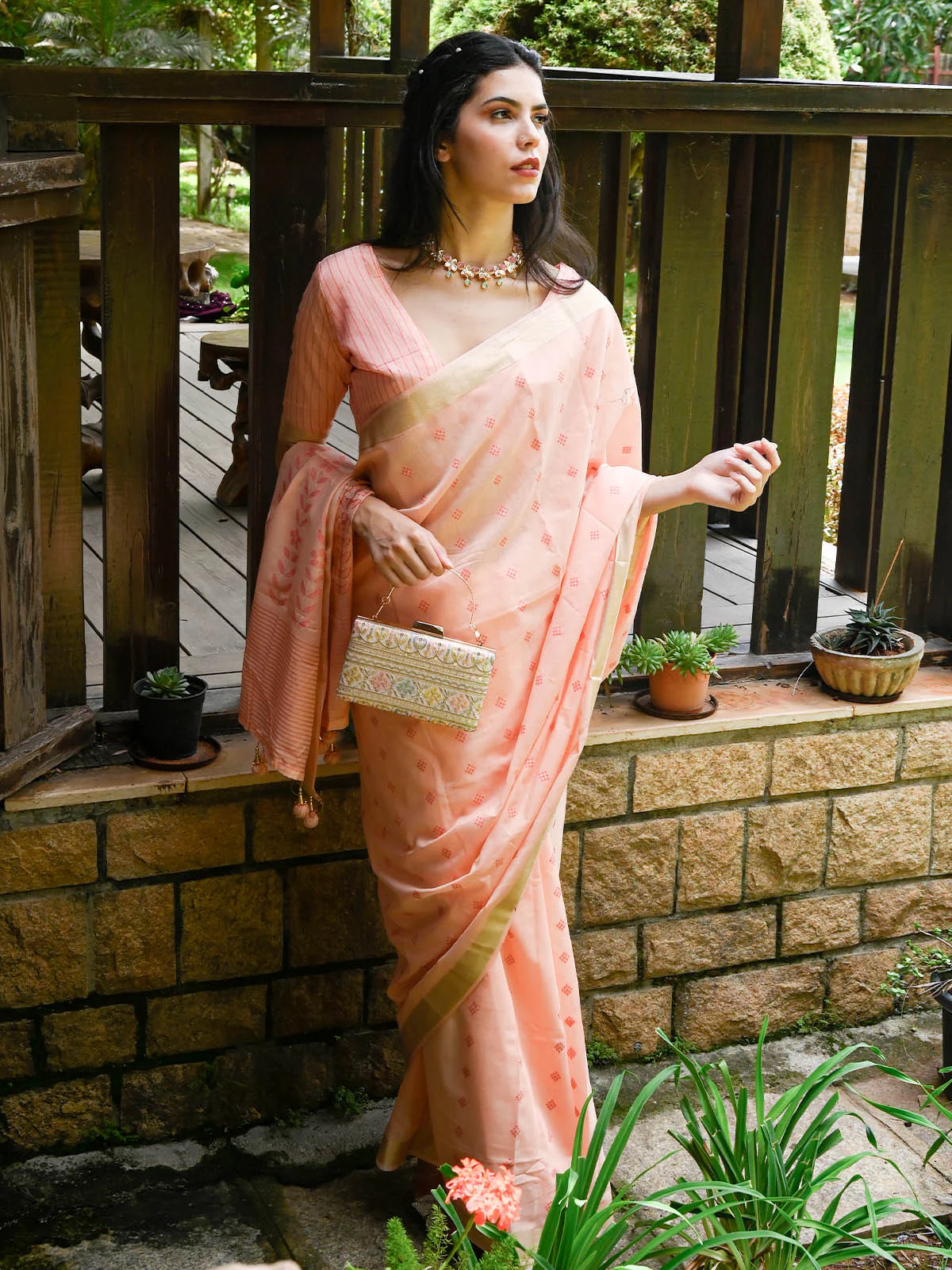 Odette Women Peach Viscose Woven Saree With Unstitched Blouse