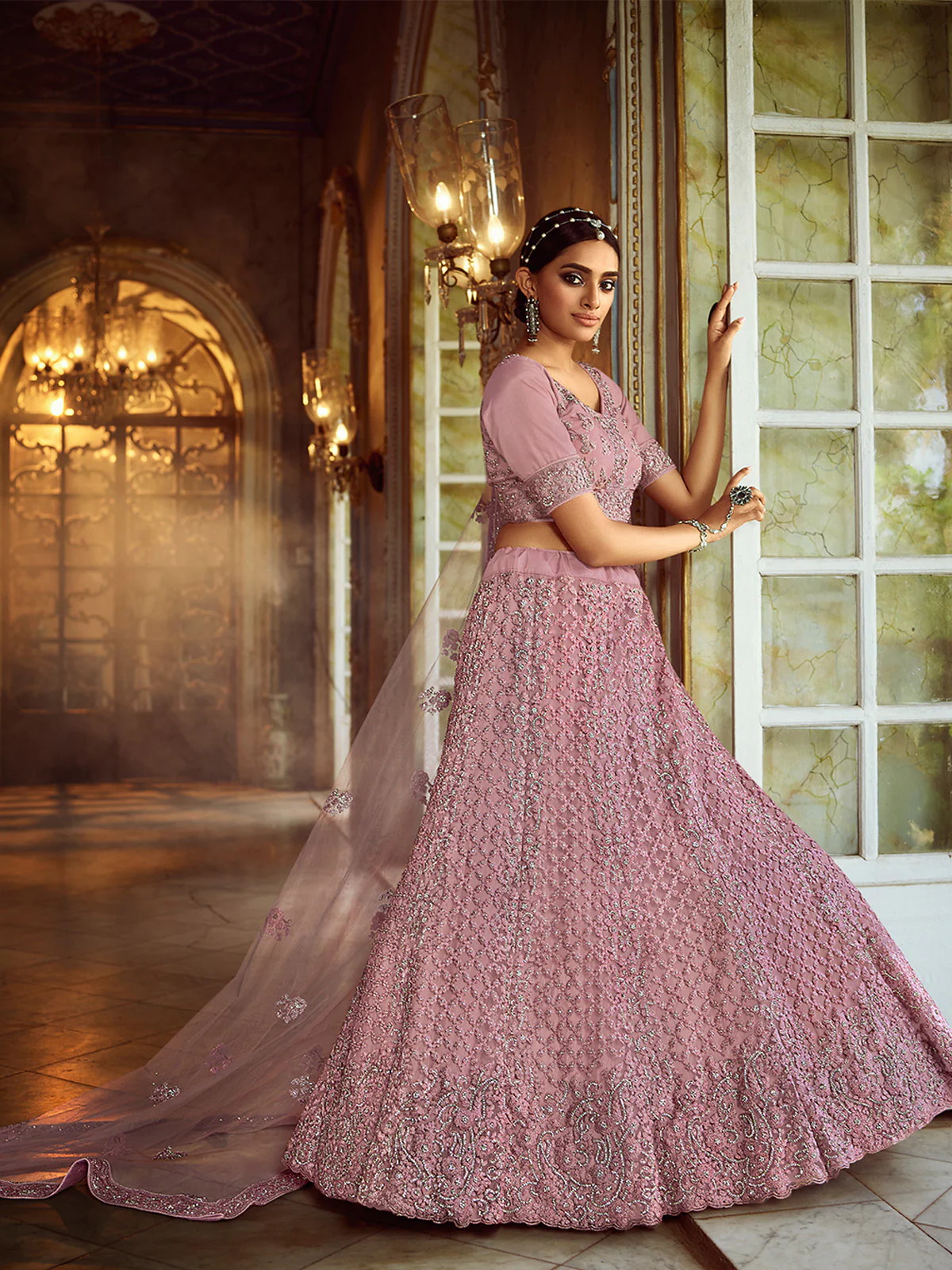 Odette Women Pink Embroidered Soft Net Semi Stitched Lehenga With Unstitched Blouse - Image 2