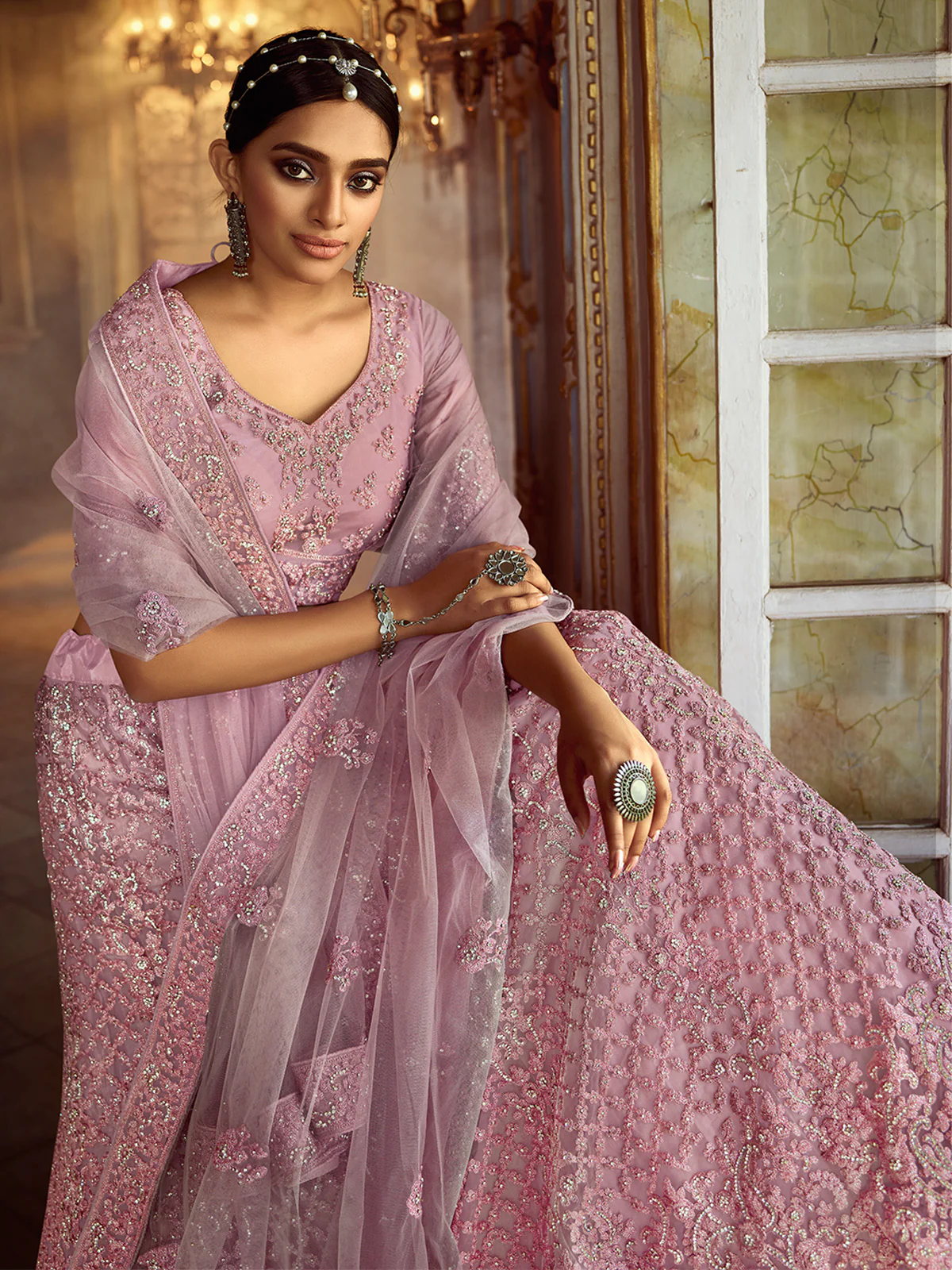 Odette Women Pink Embroidered Soft Net Semi Stitched Lehenga With Unstitched Blouse - Image 3