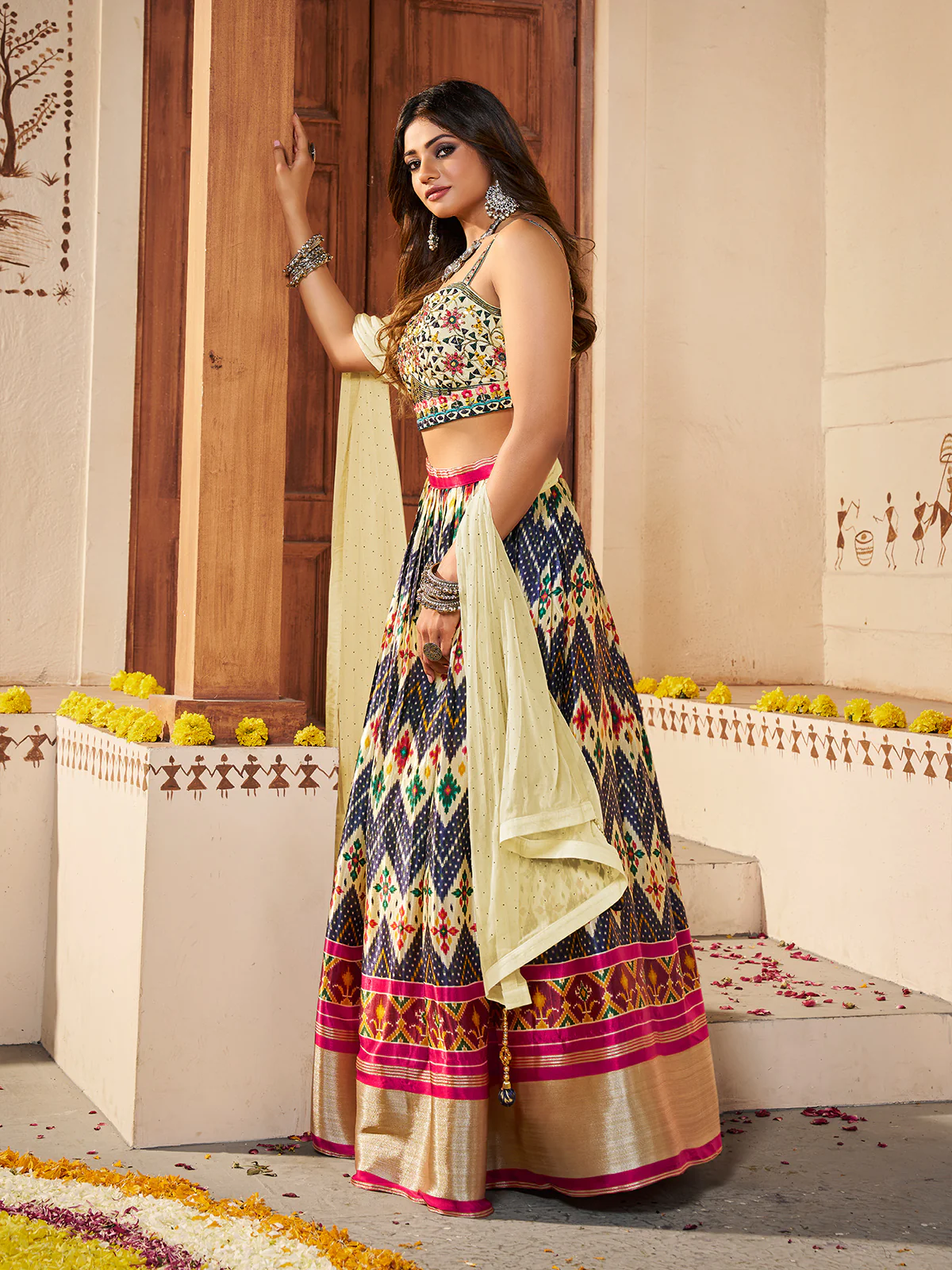 Odette Women Light Yellow Silk Printed Semi Stitched Lehenga With Unstitched Blouse - Image 3