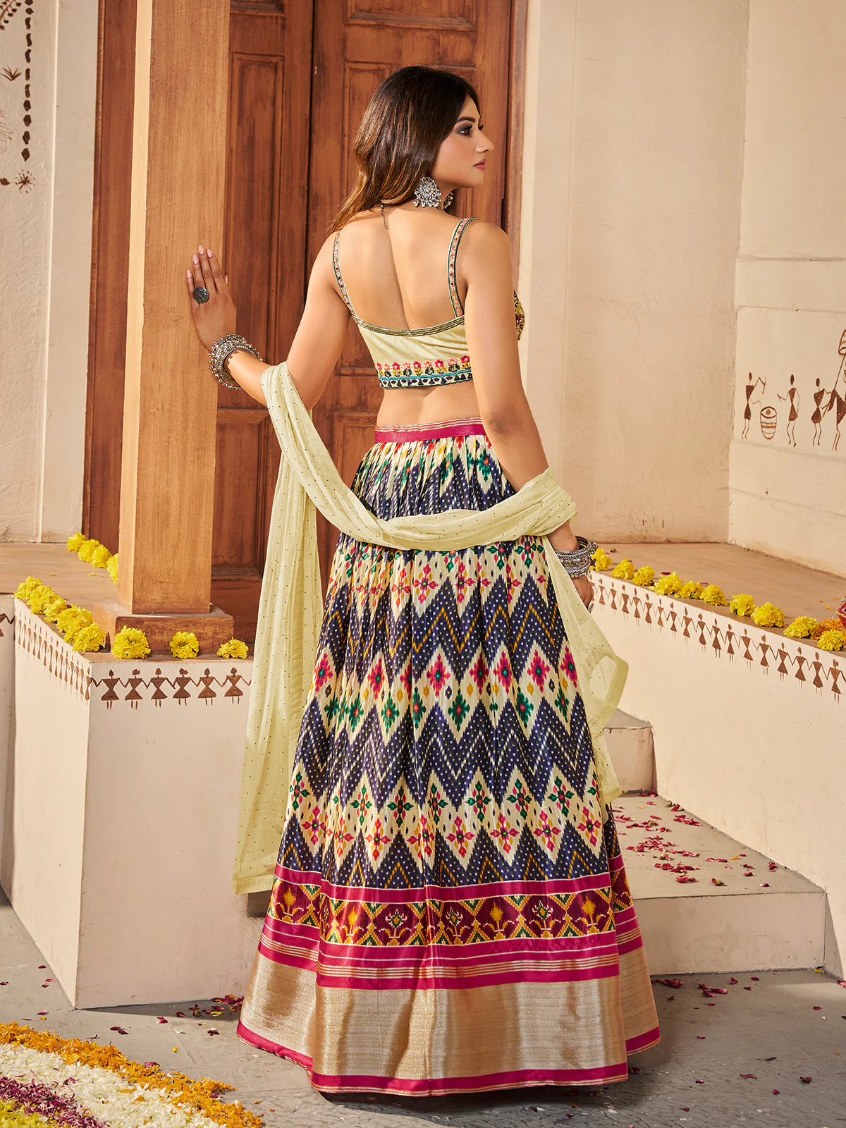 Odette Women Light Yellow Silk Printed Semi Stitched Lehenga With Unstitched Blouse - Image 4