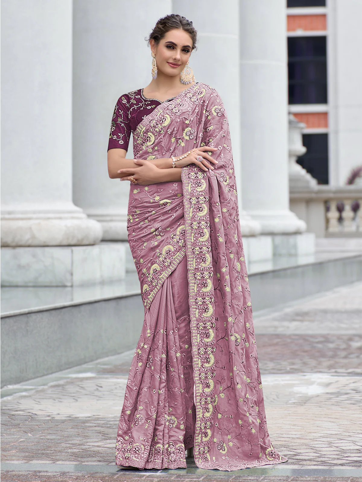 Odette Women Lilac Fancy Embroidered Saree With Unstitched Blouse