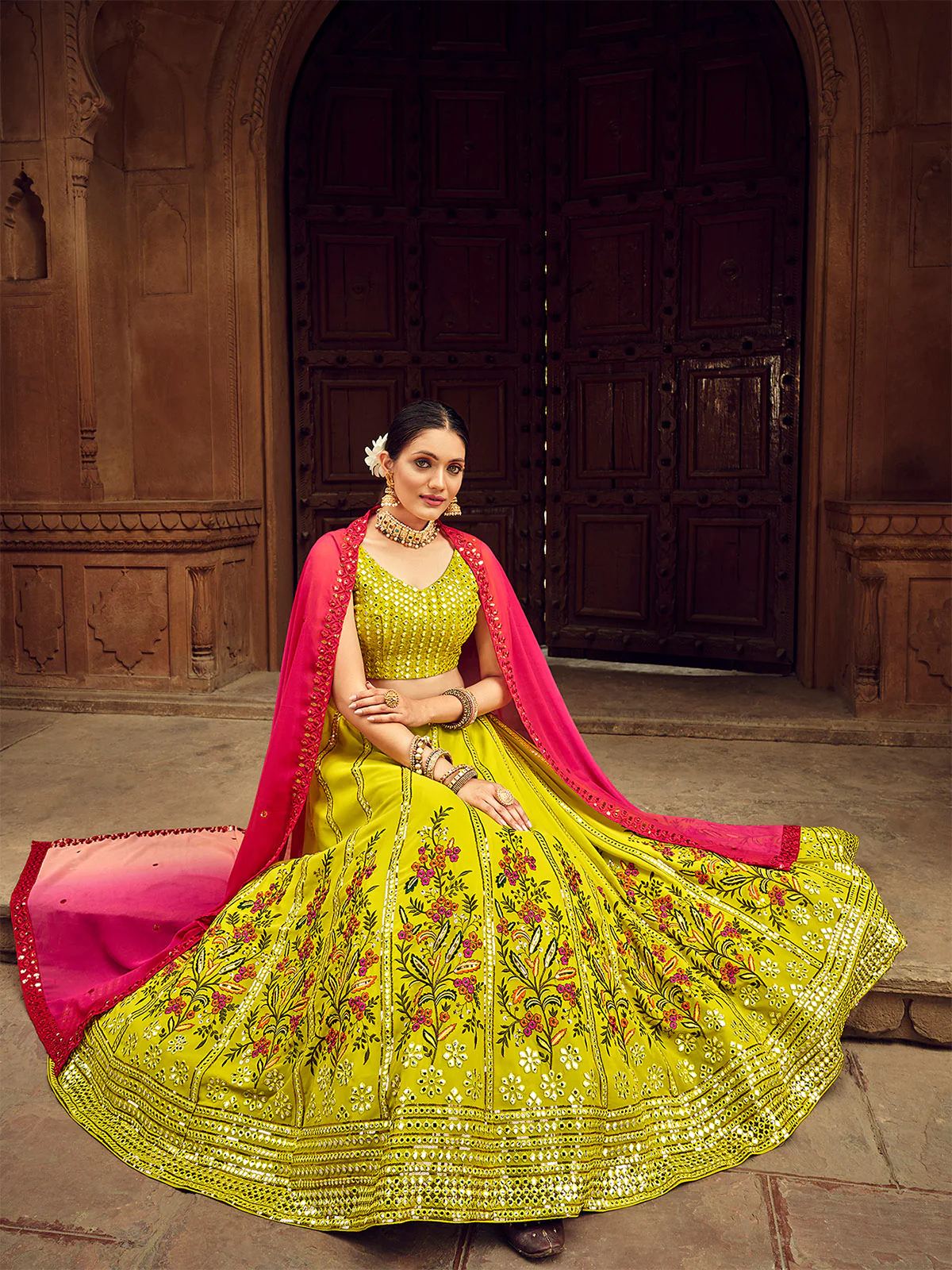 Odette Women Lime Embroidered Festive Semi Stitched Lehenga With  Unstitched Blouse - Image 3