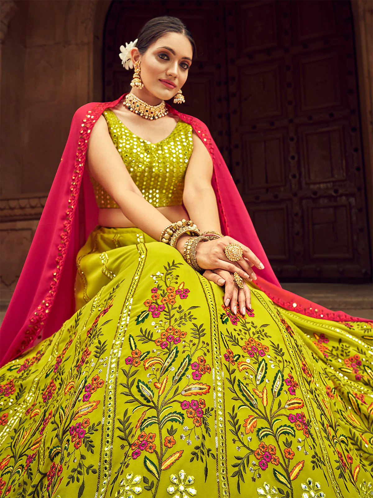 Odette Women Lime Embroidered Festive Semi Stitched Lehenga With  Unstitched Blouse - Image 4