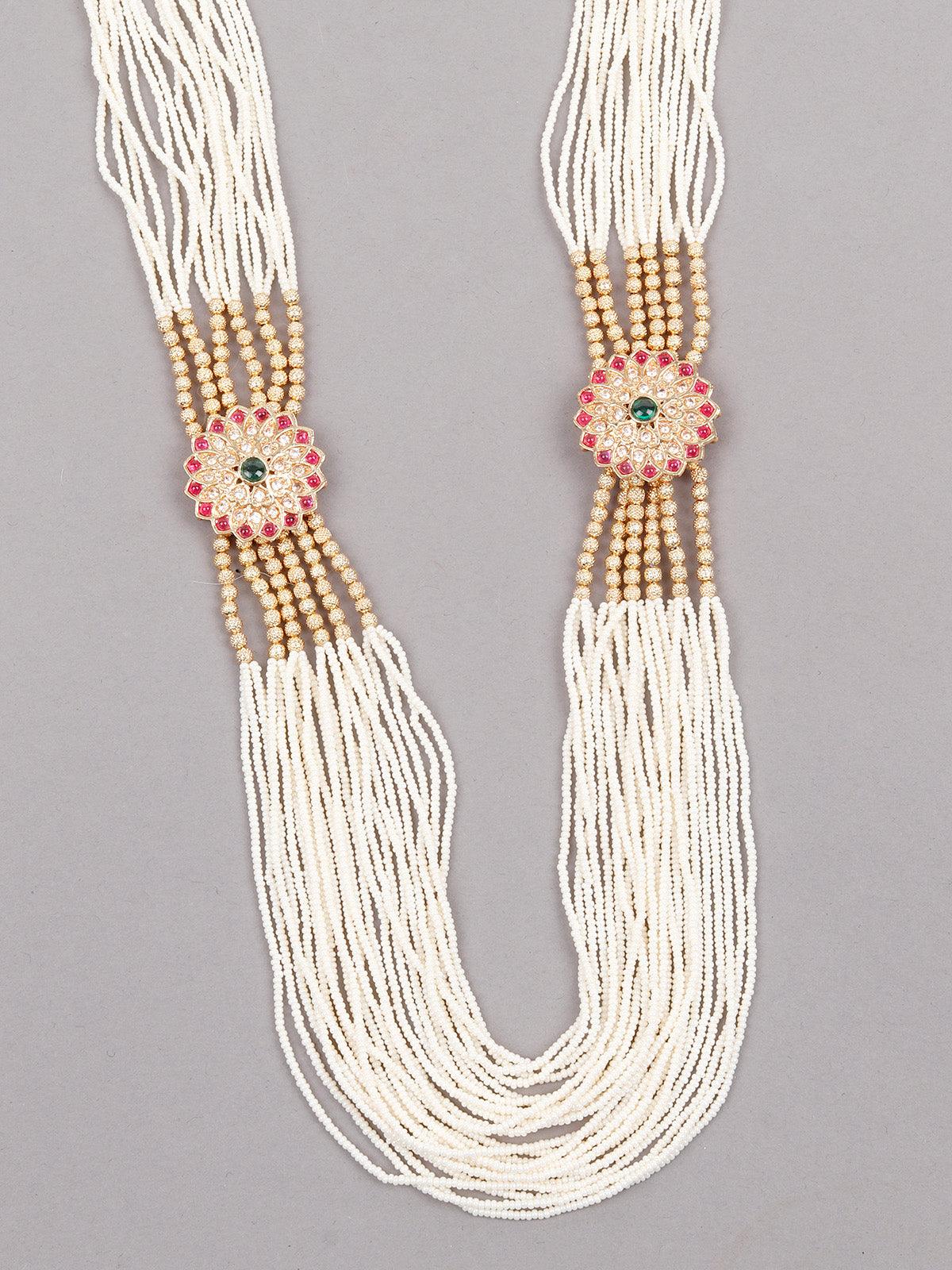Odette Long White Pearl Necklace Set With Floral Details For Women - Image 4