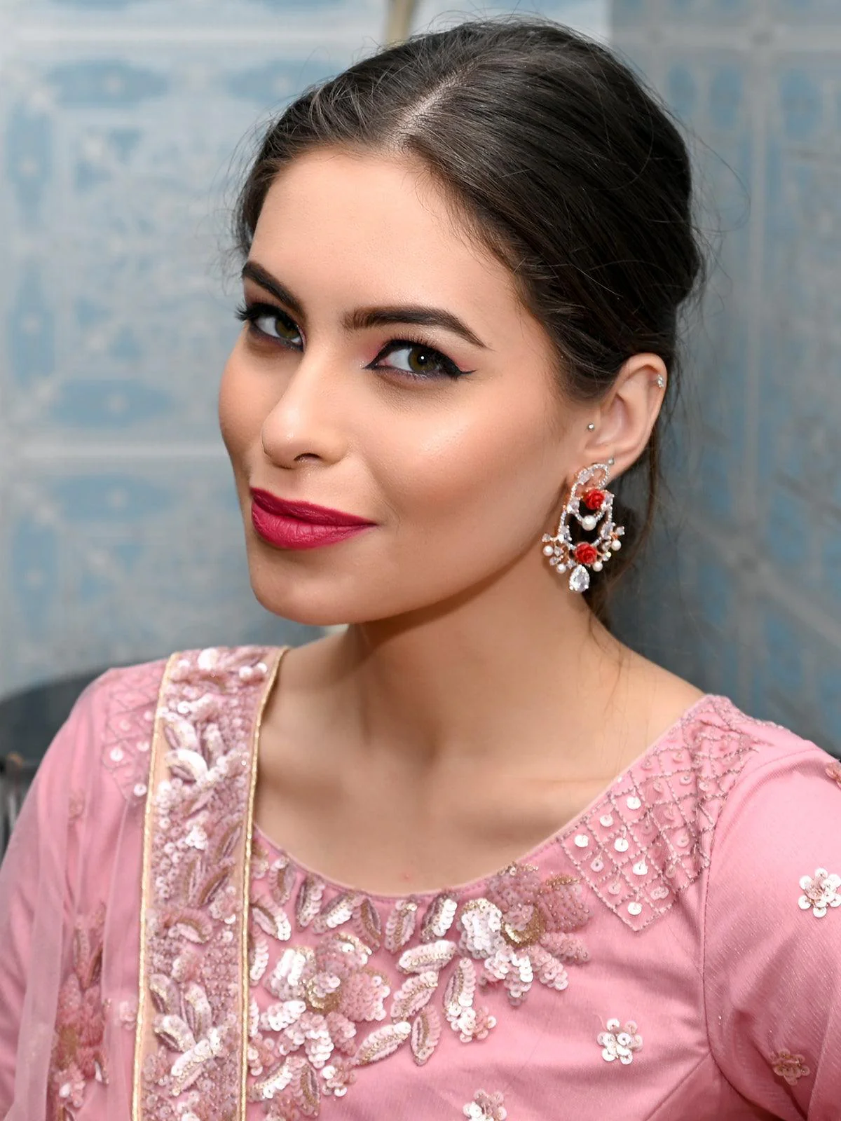 Odette Women Luxuriant Rose Studded Dangling Earrings - Image 2