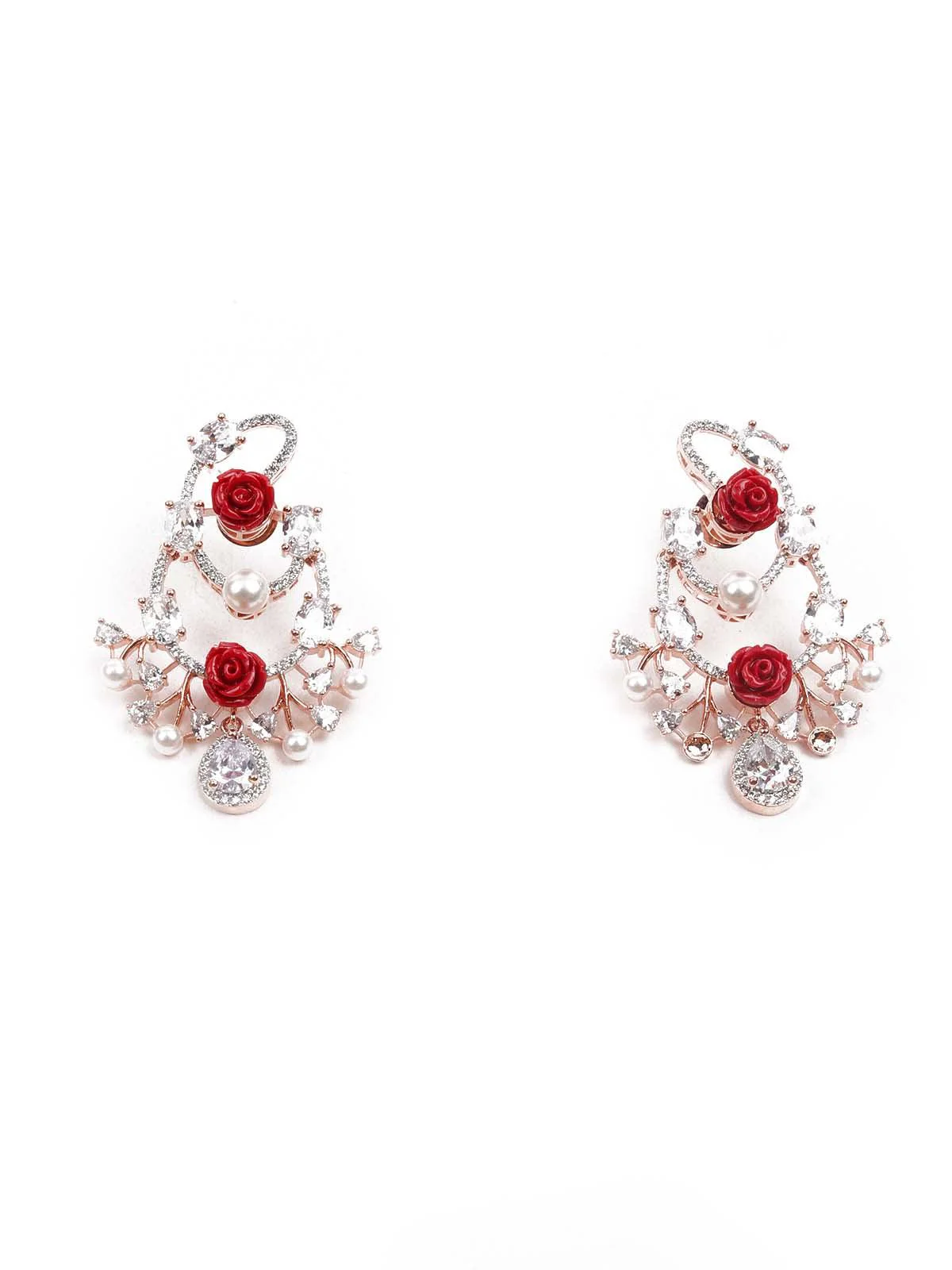 Odette Women Luxuriant Rose Studded Dangling Earrings - Image 3