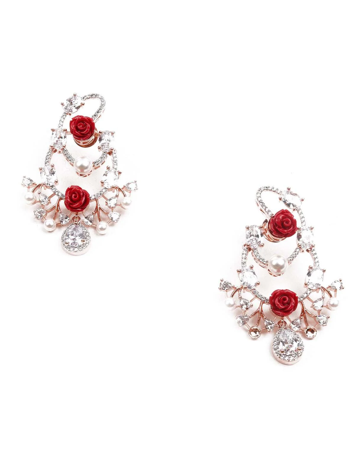 Odette Women Luxuriant Rose Studded Dangling Earrings - Image 4
