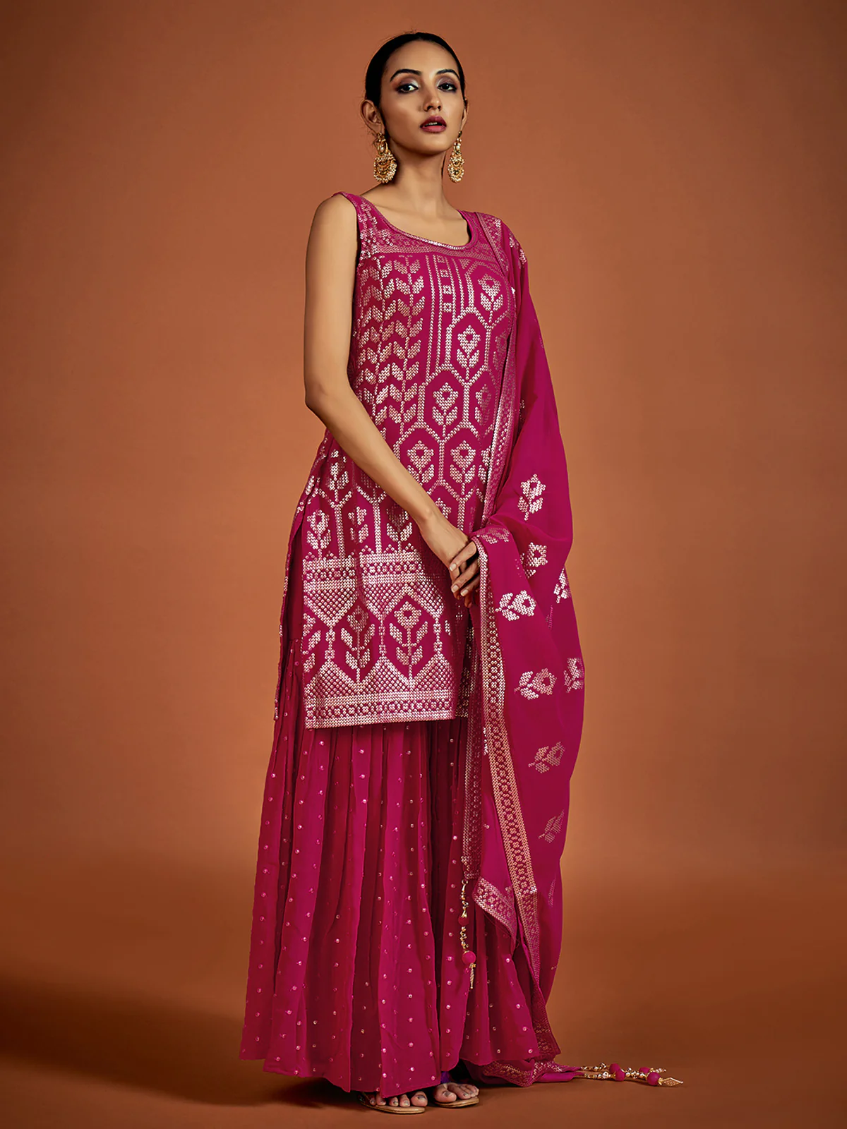 Odette Women Magenta Embroidered Georgette Partywear Stitched Kurta Set - Image 2