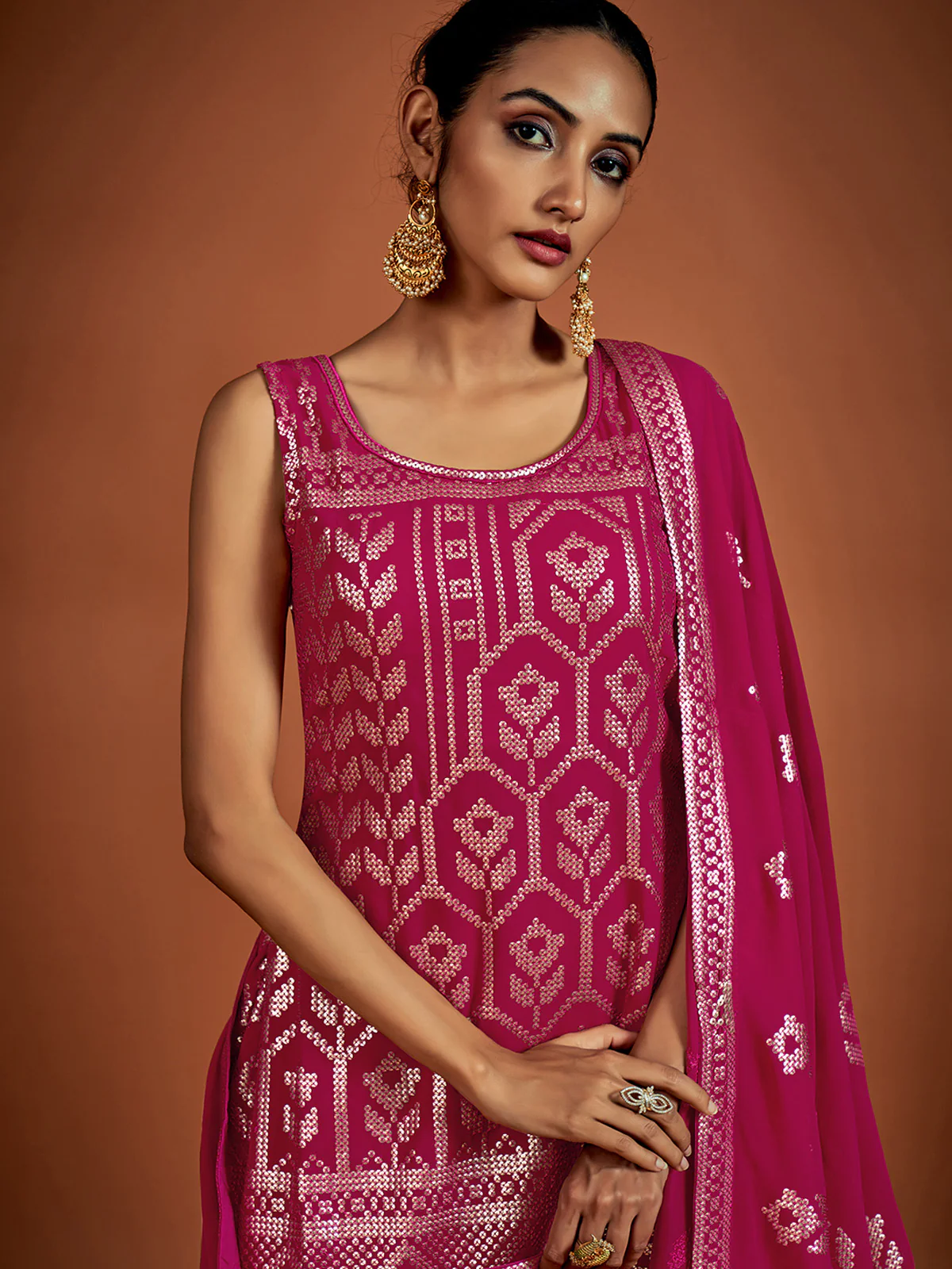Odette Women Magenta Embroidered Georgette Partywear Stitched Kurta Set - Image 3
