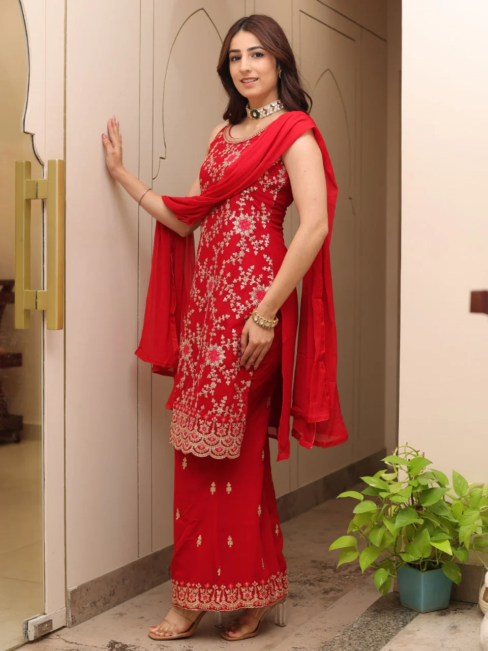 Odette Women Red Faux Georgette Embroidered Semi Stitched Palazzo Suit - Image 2