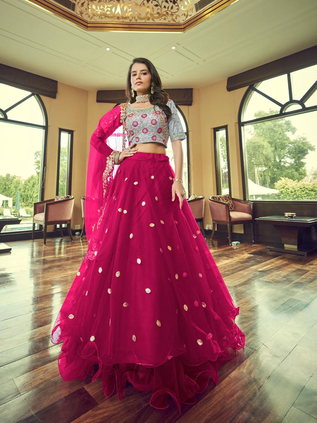 Odette Women Magenta Heavy Net Designer Semi Stitched Lehenga With Unstitched Blouse - Image 2