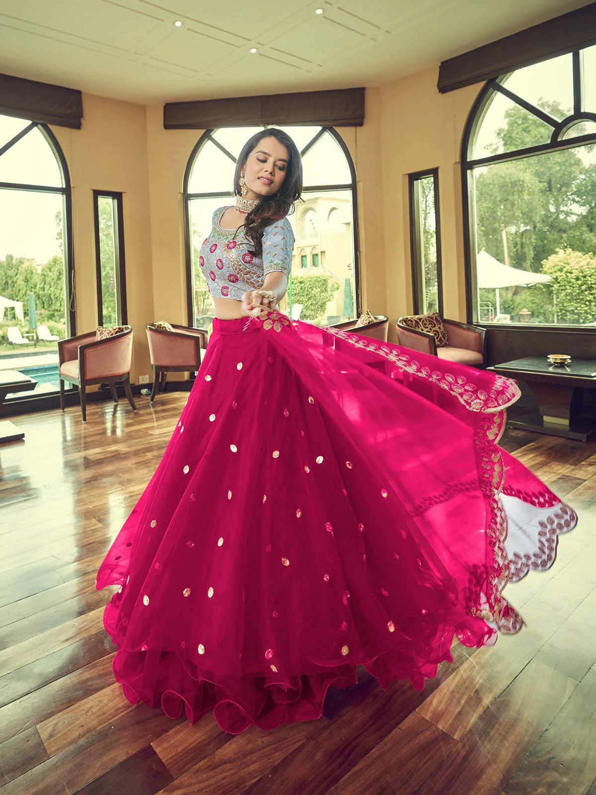 Odette Women Magenta Heavy Net Designer Semi Stitched Lehenga With Unstitched Blouse - Image 3