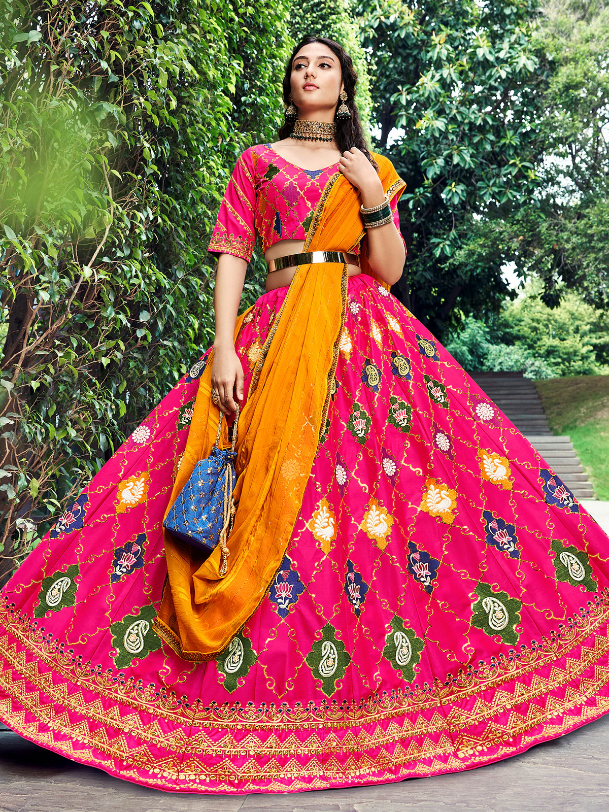 Odette Women Magenta Silk Embroidered Semi Stitched Lehenga With  Unstitched Blouse - Image 2