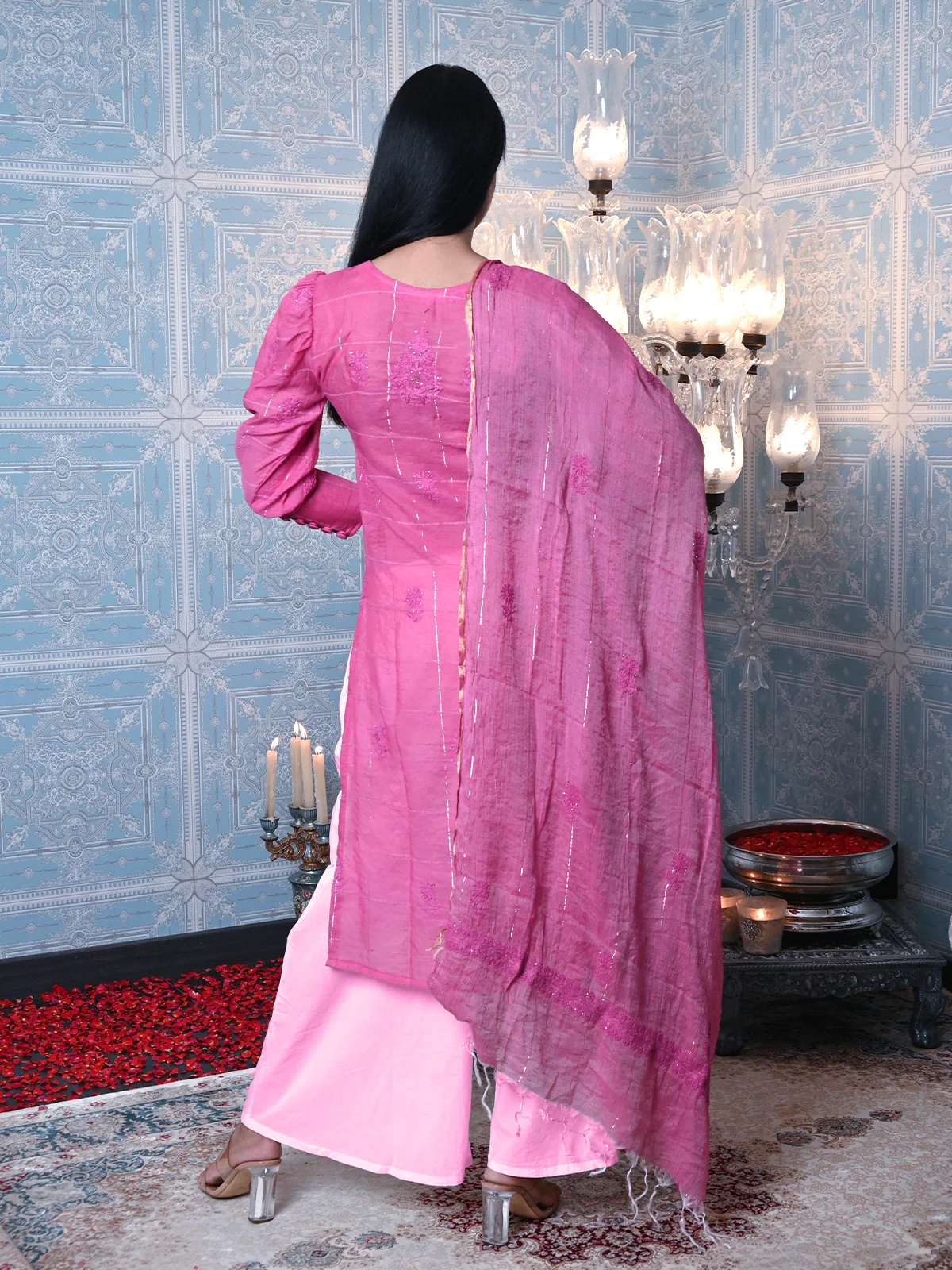 Odette Women Pink Voile Chikankari Mukaish Work Embroidered Stitched Kurta With Dupatta - Image 3