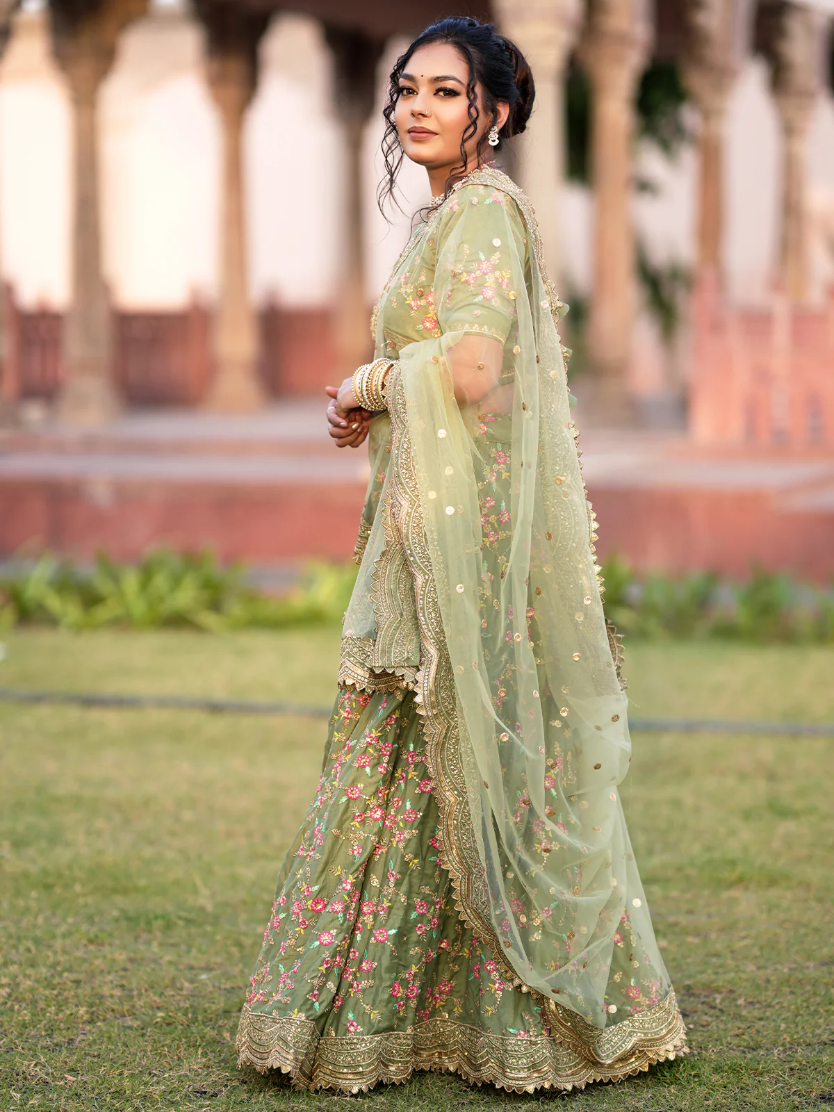 Odette Women Light Green Floral Semi Stitched Lehenga With Unstitched Blouse - Image 3