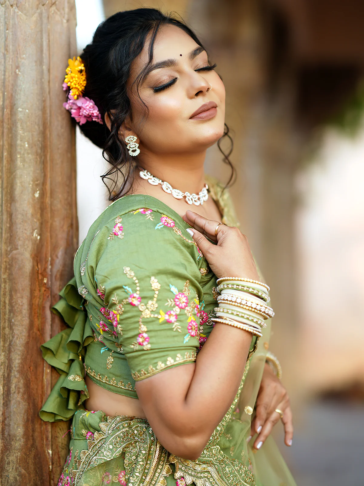 Odette Women Light Green Floral Semi Stitched Lehenga With Unstitched Blouse - Image 4