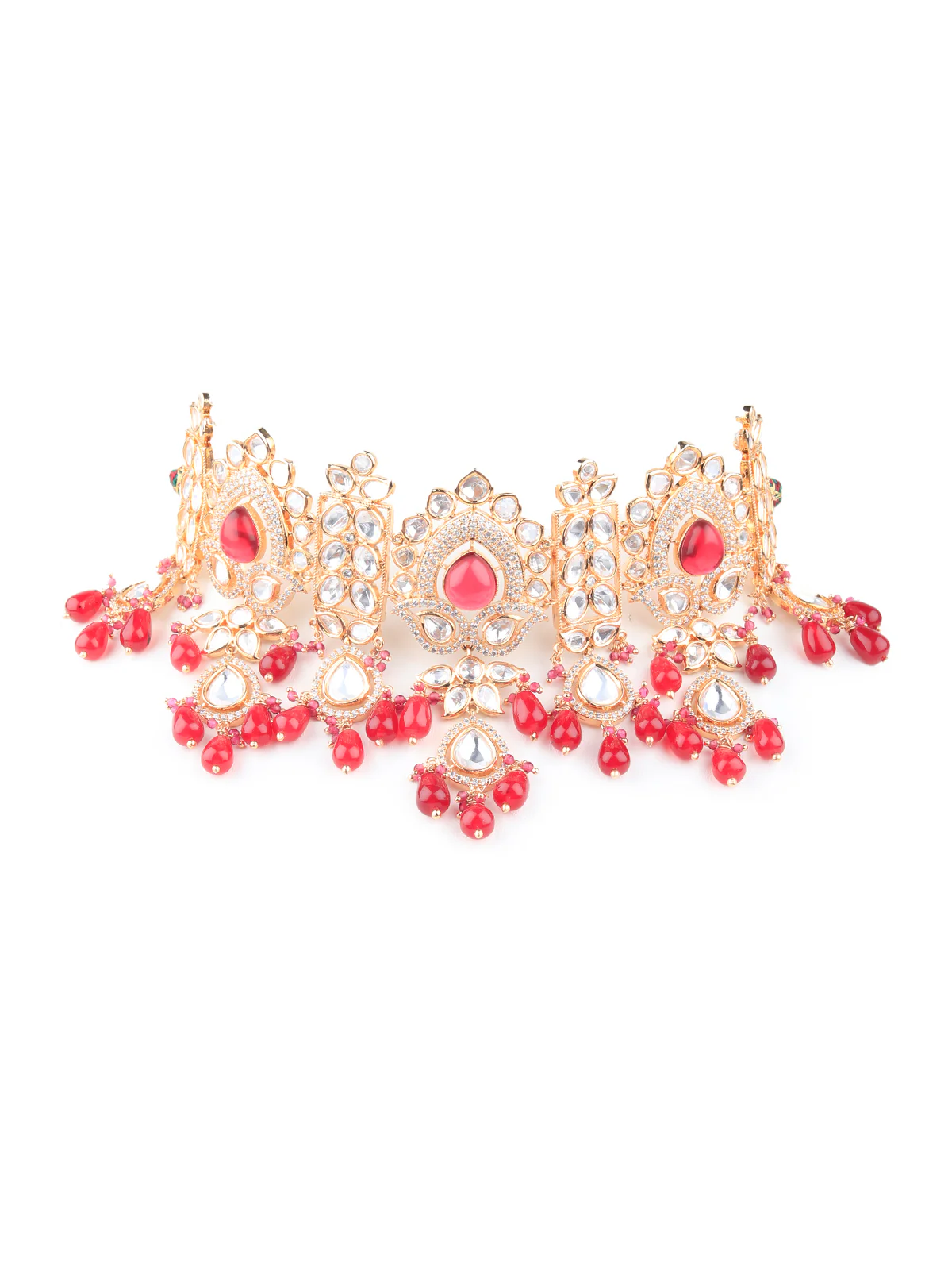 Odette Women Maroon And White Bridal Kundan Choker Necklace Set With Mangtika - Image 3