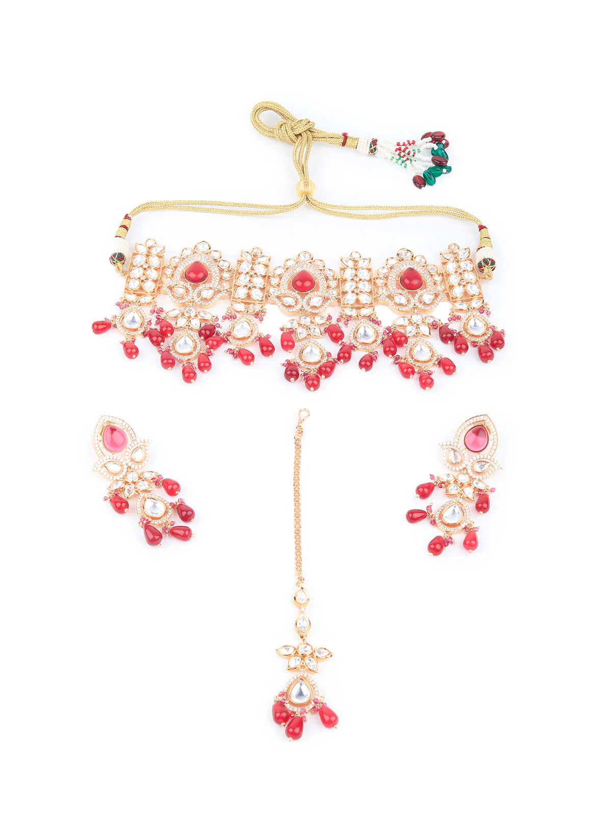 Odette Women Maroon And White Bridal Kundan Choker Necklace Set With Mangtika - Image 4