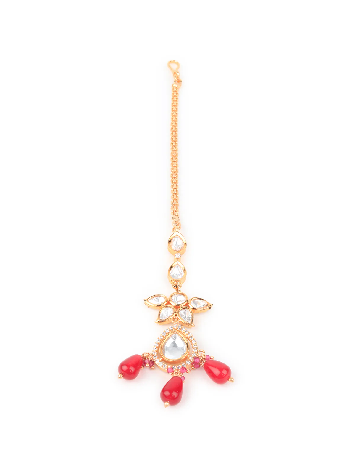 Odette Women Maroon And White Bridal Kundan Choker Necklace Set With Mangtika - Image 6