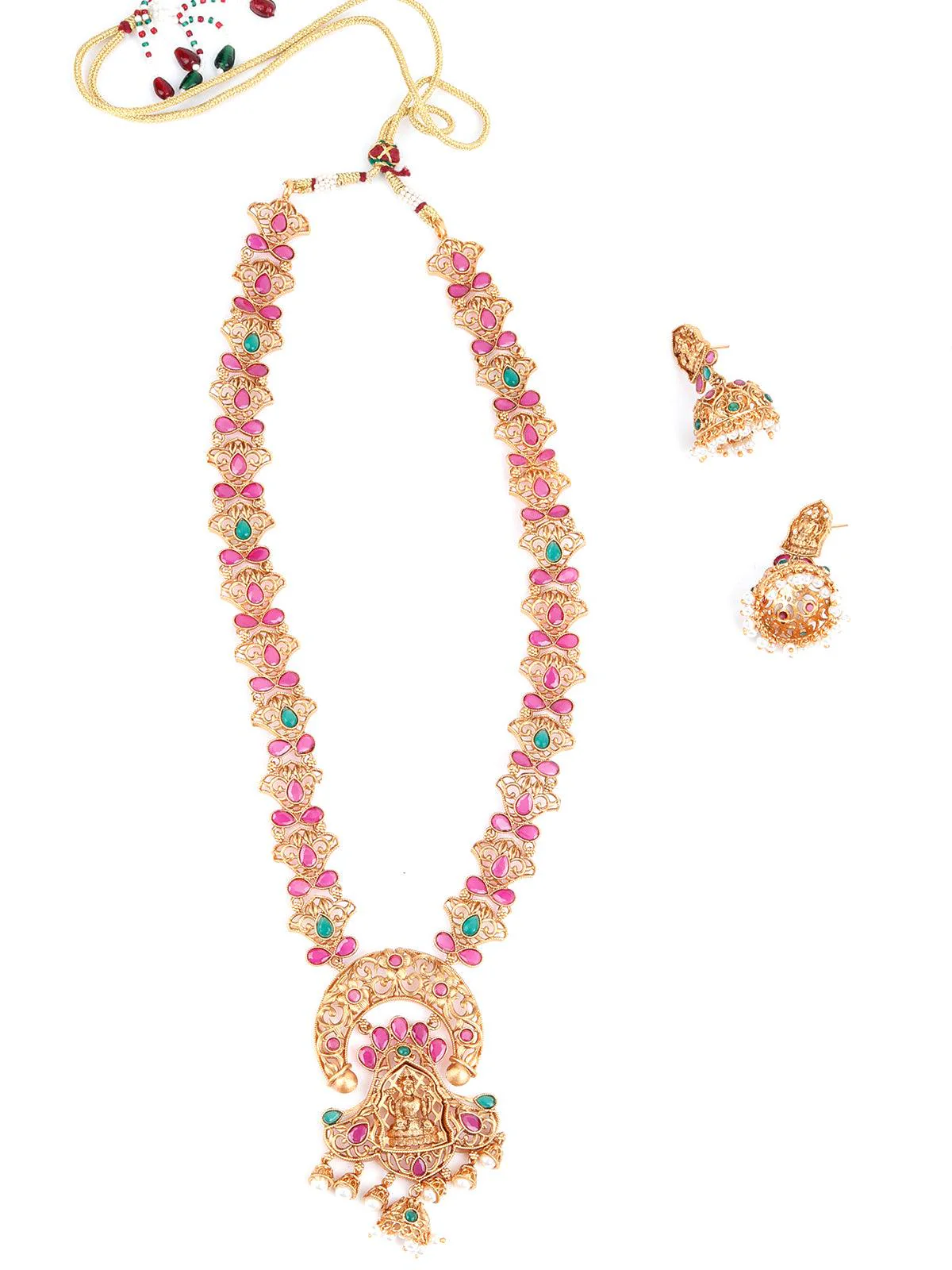 Odette Women Maroon Beaded Gold Plated Temple Jewellery Set - Image 3