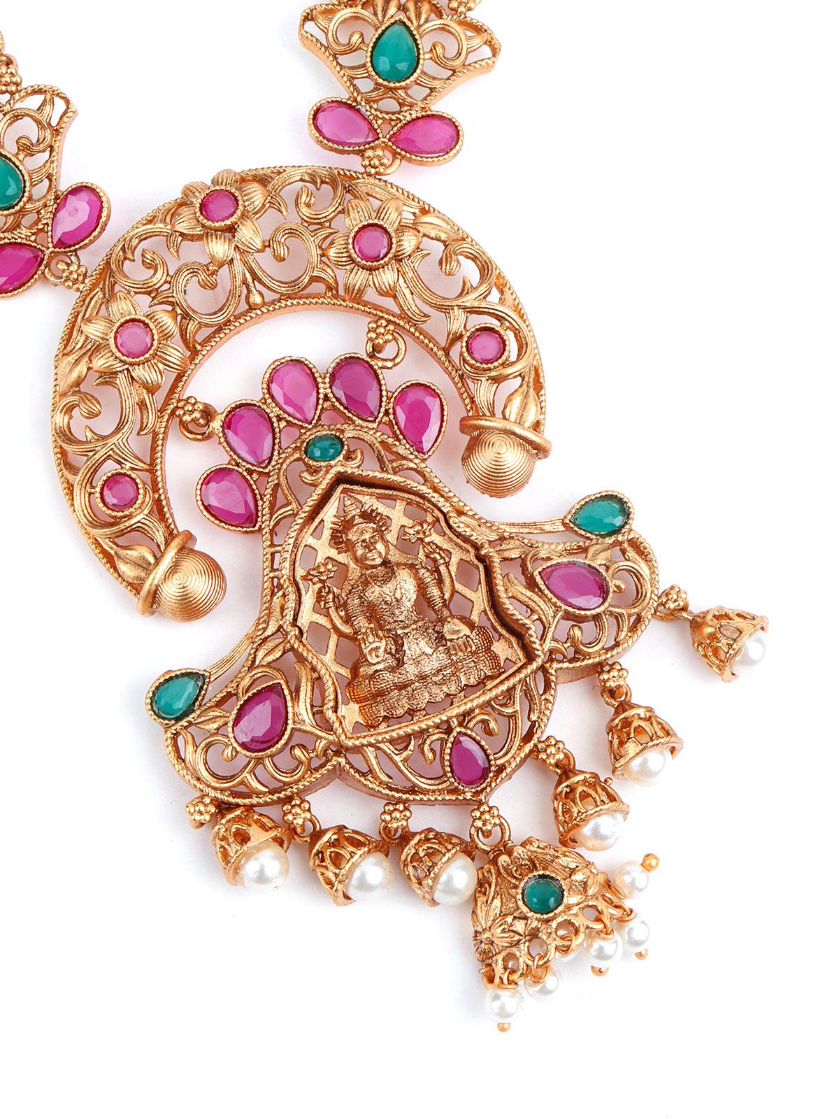 Odette Women Maroon Beaded Gold Plated Temple Jewellery Set - Image 4