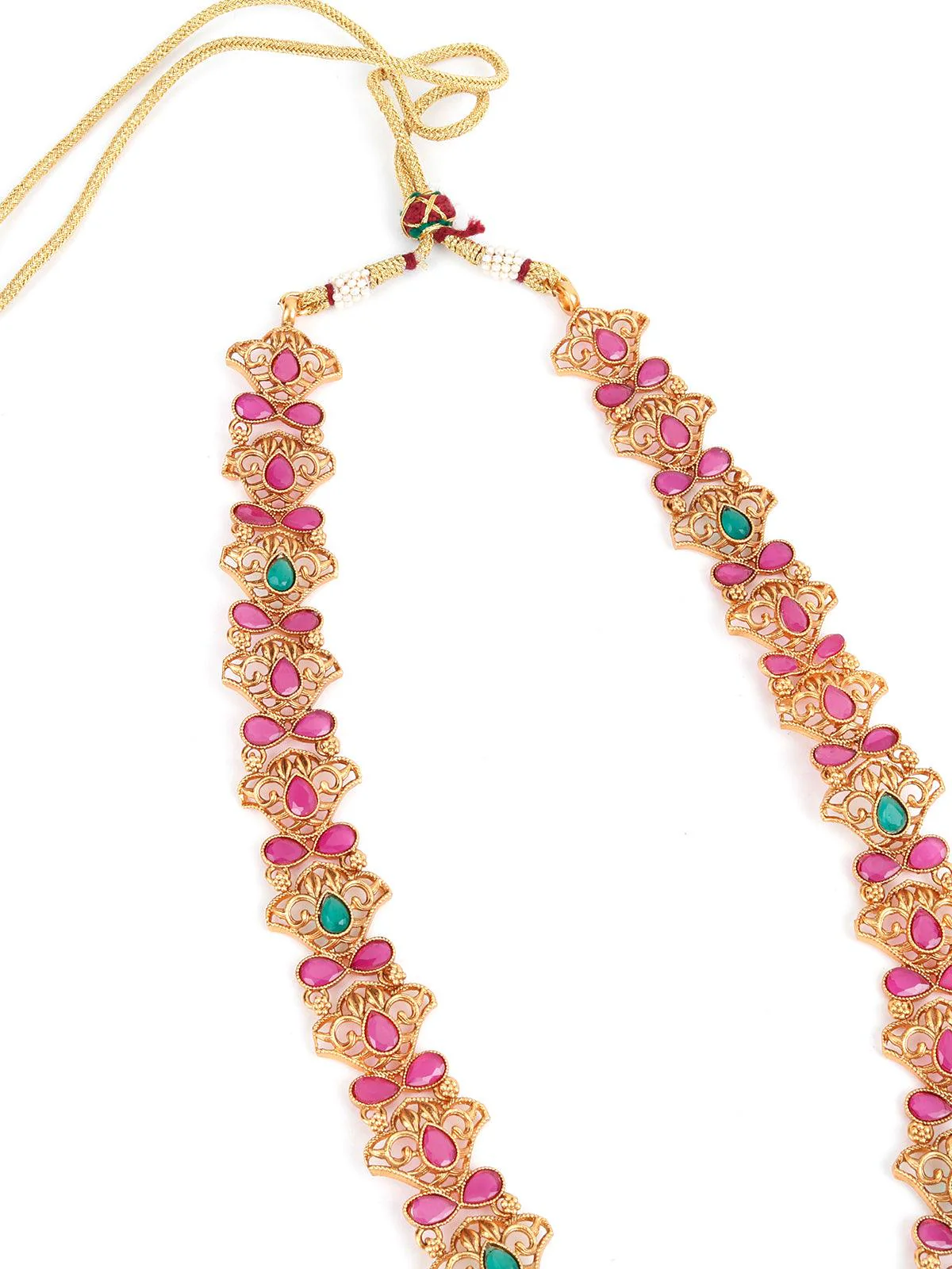 Odette Women Maroon Beaded Gold Plated Temple Jewellery Set - Image 6