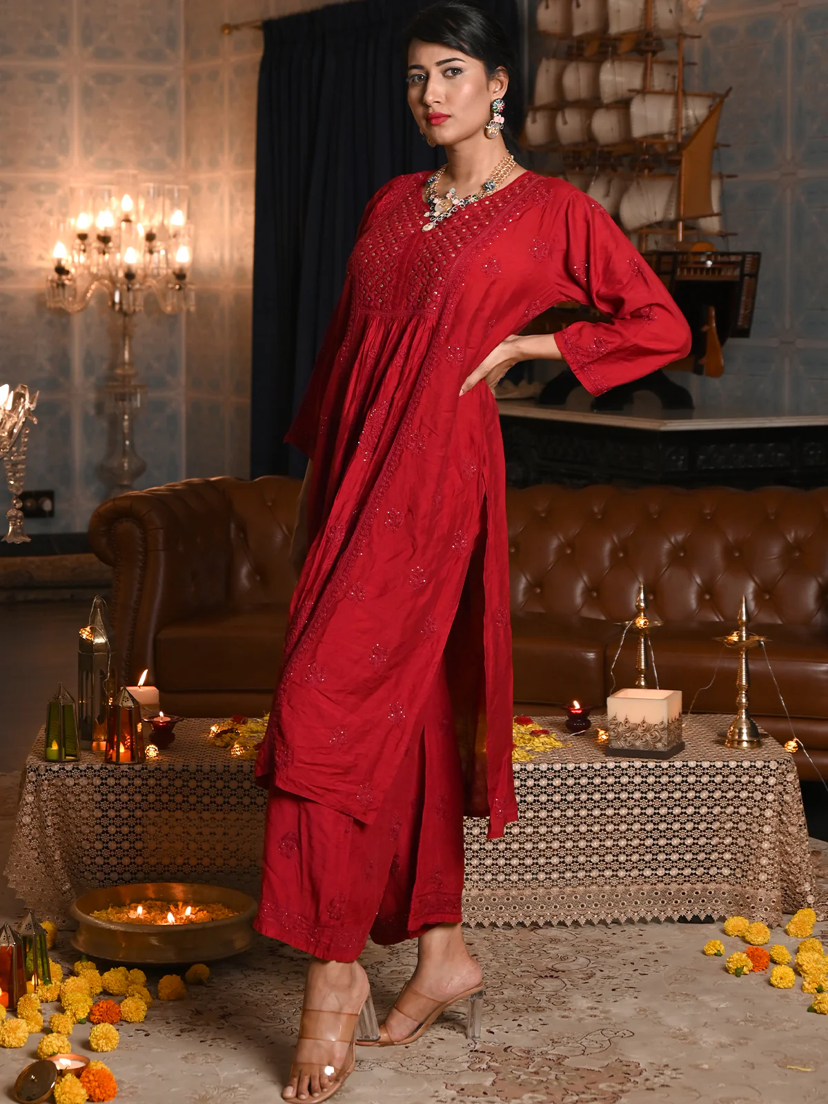 Odette Women Maroon Cotton Chikankari Mukaish Work Embroidered Stitched Kurta And Palazzo - Image 2