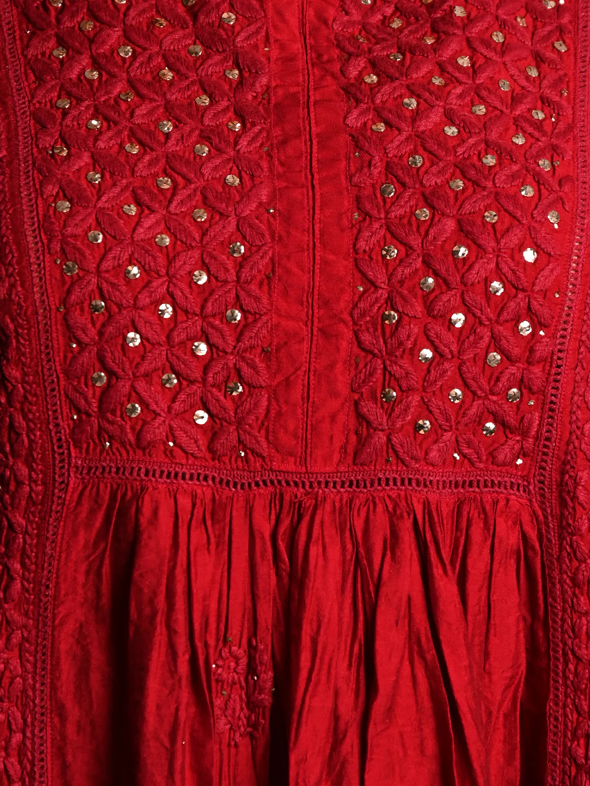 Odette Women Maroon Cotton Chikankari Mukaish Work Embroidered Stitched Kurta And Palazzo - Image 5