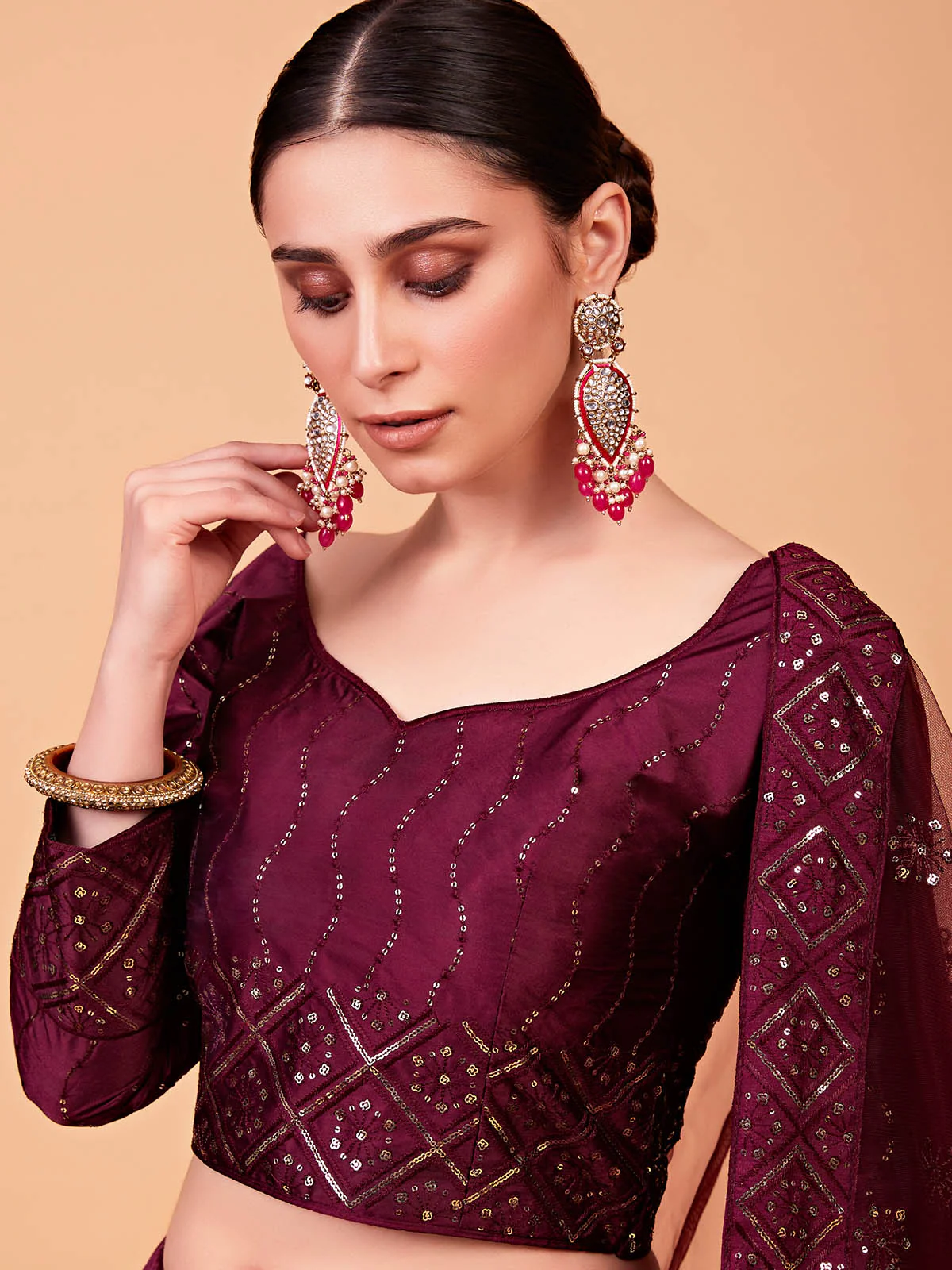 Odette Women Maroon Designer Semi Stitched Lehenga With Unstitched Blouse - Image 3