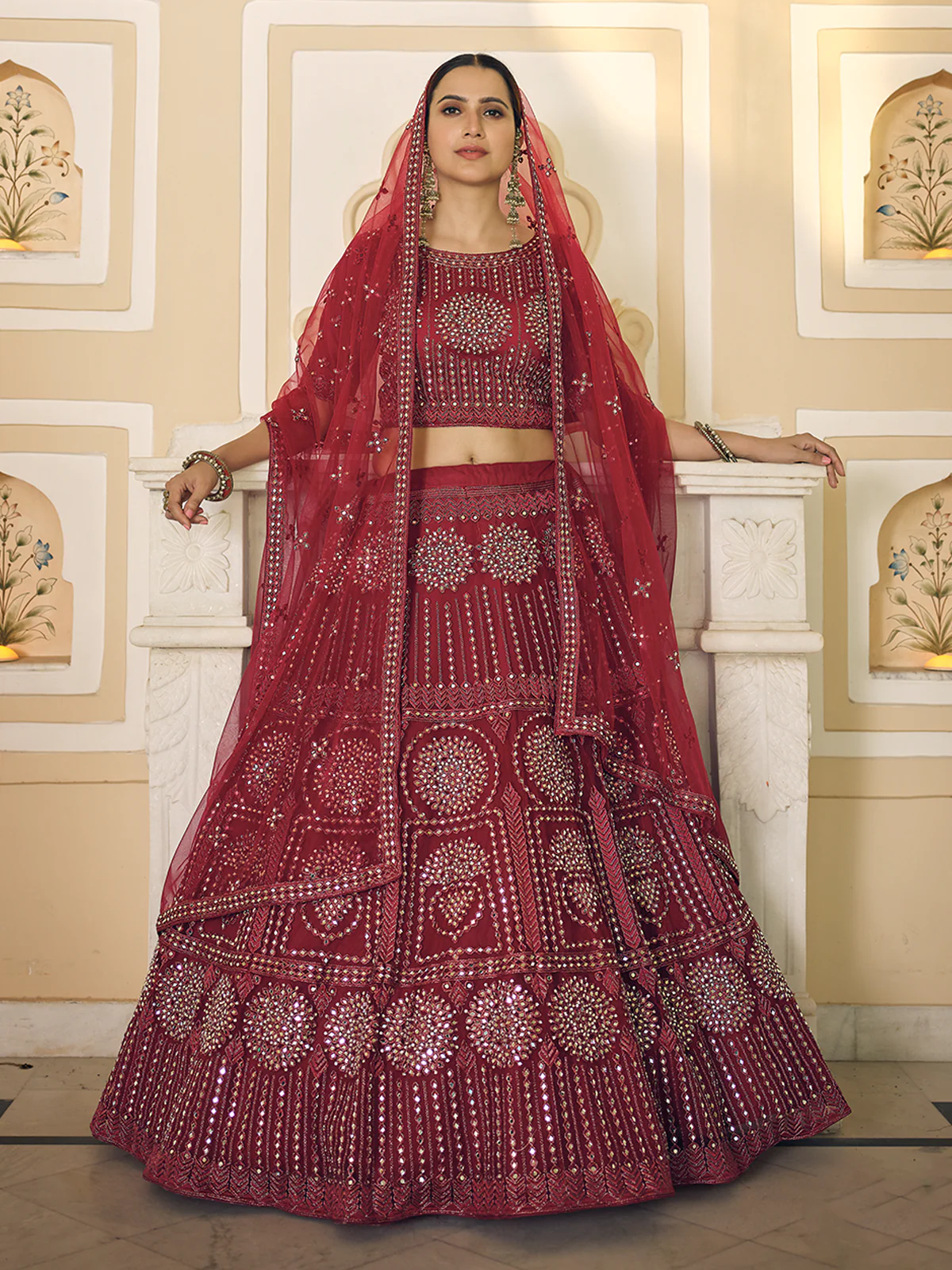 Odette Women Maroon Soft Net Semi Stitched Lehenga With Unstitched Blouse - Image 2
