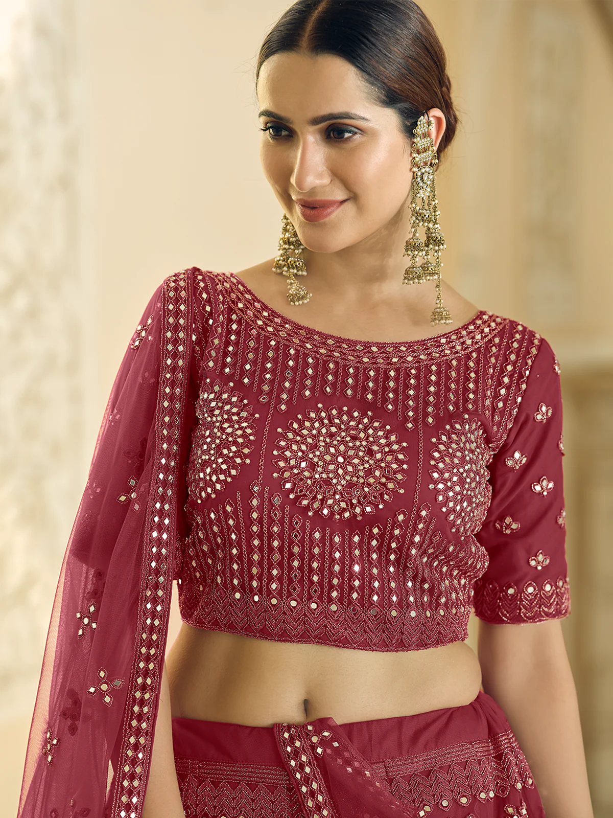 Odette Women Maroon Soft Net Semi Stitched Lehenga With Unstitched Blouse - Image 4