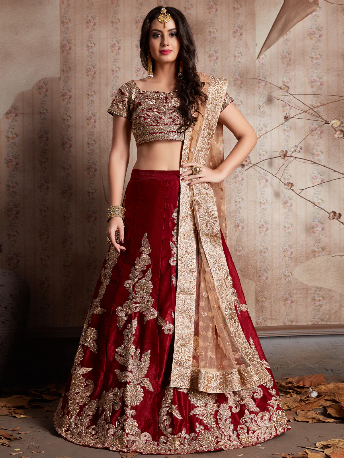 Odette Women Maroon Embroidered Semi Stitched Lehenga With Unstitched Blouse - Image 2