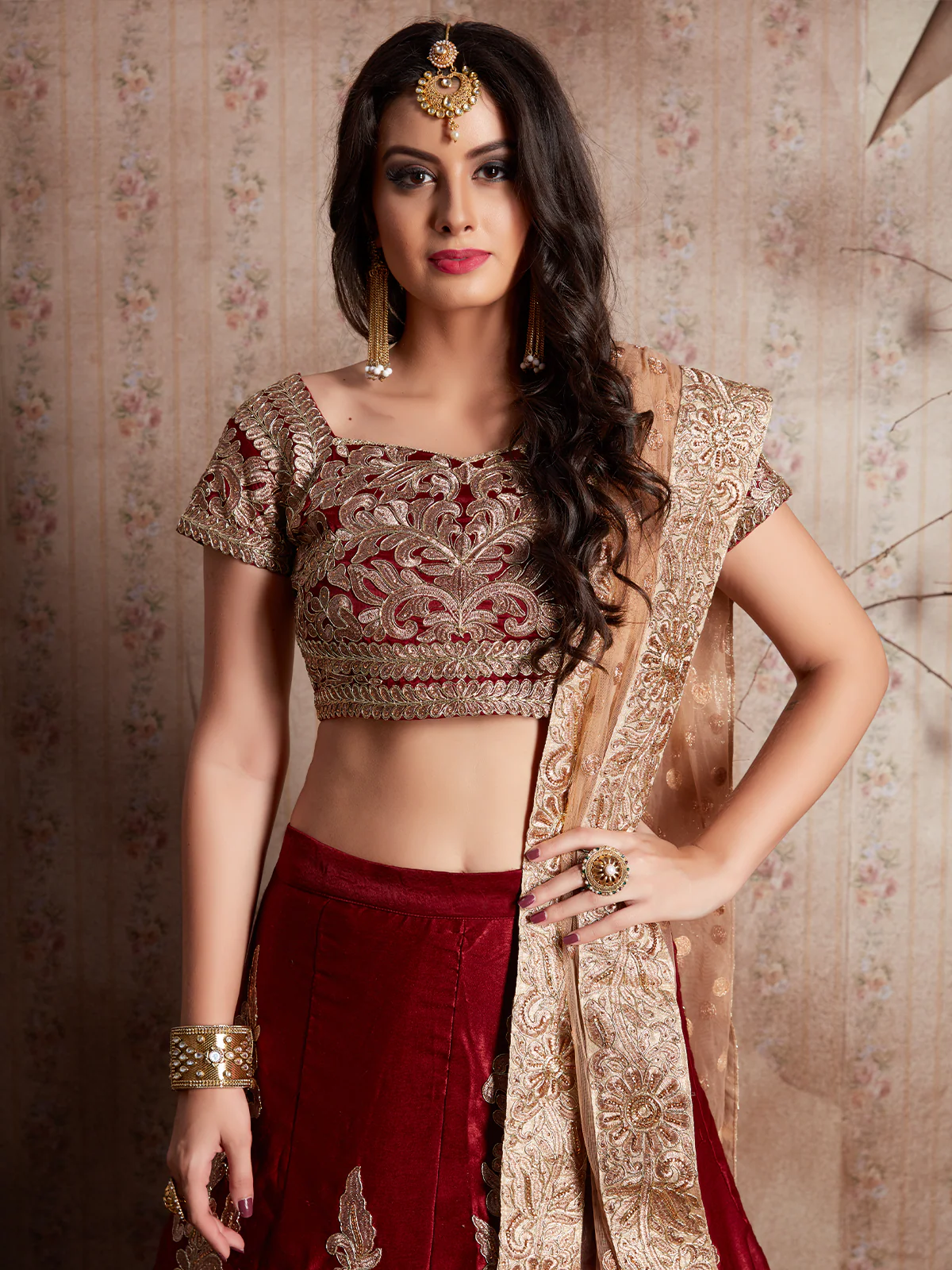 Odette Women Maroon Embroidered Semi Stitched Lehenga With Unstitched Blouse - Image 3
