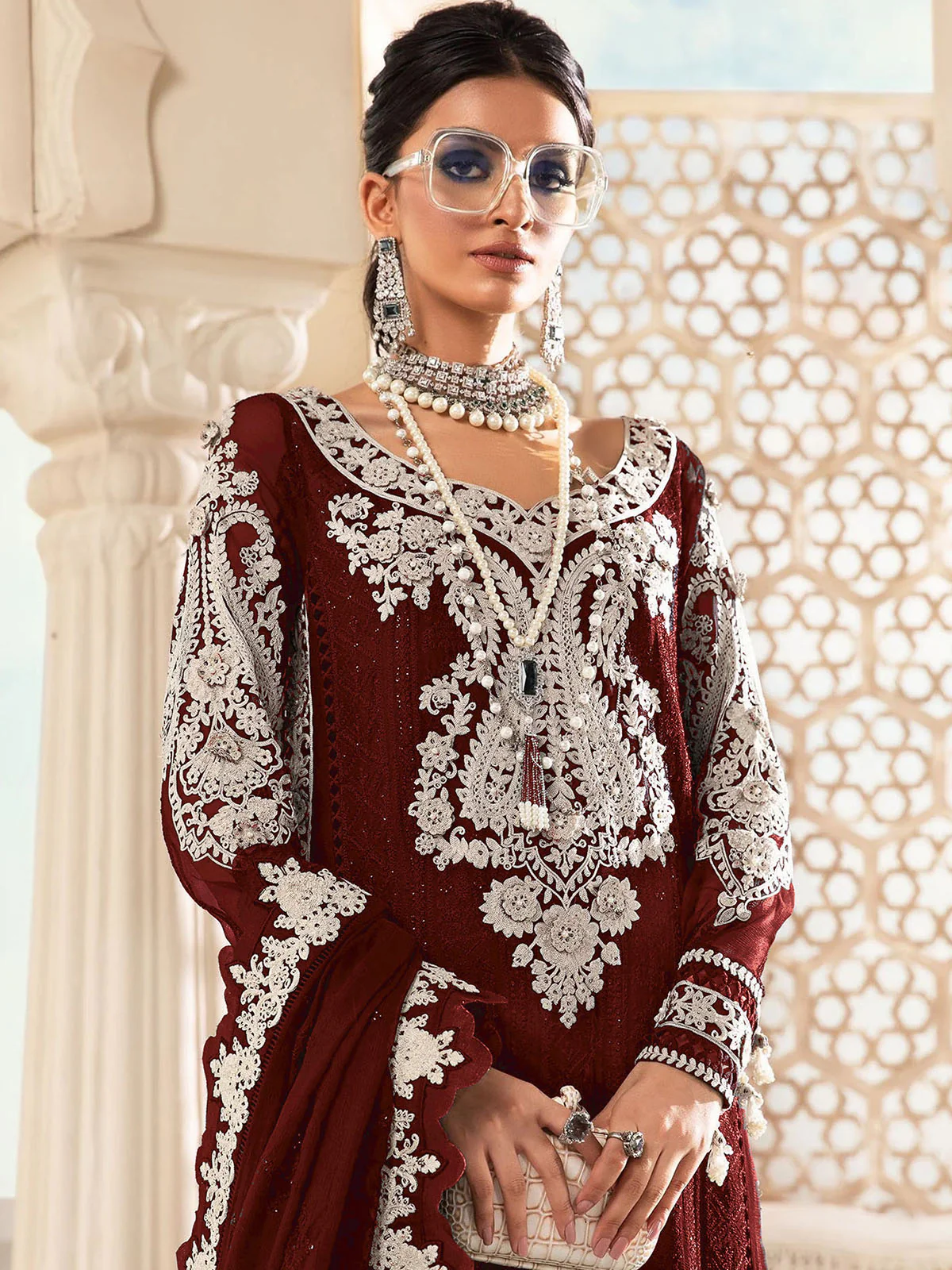 Odette Women Maroon Embroidered Georgette Partywear Semi Stitched Suit - Image 2