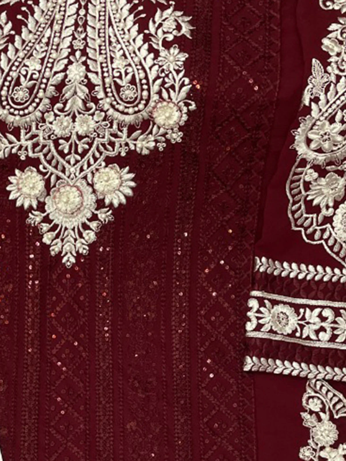 Odette Women Maroon Embroidered Georgette Partywear Semi Stitched Suit - Image 3