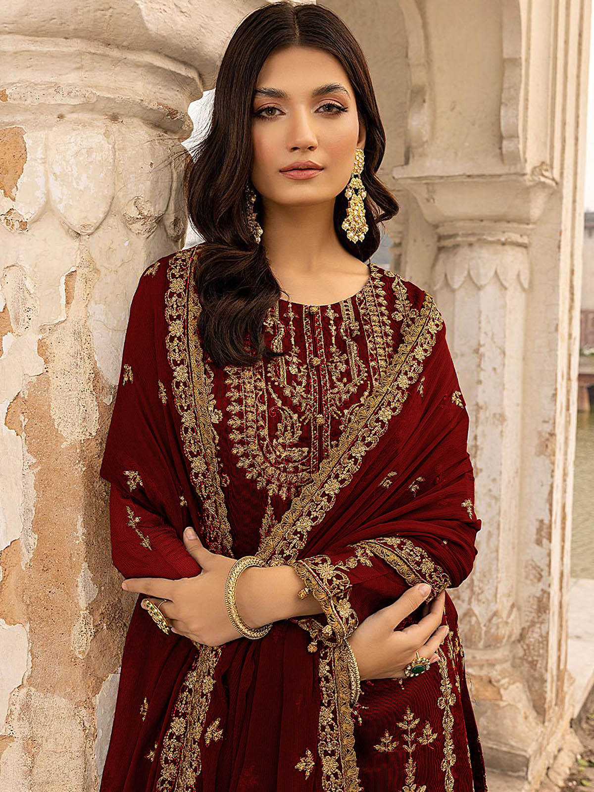 Odette Women Maroon Embroidered Georgette Semi Stitched Salwar Suit - Image 2