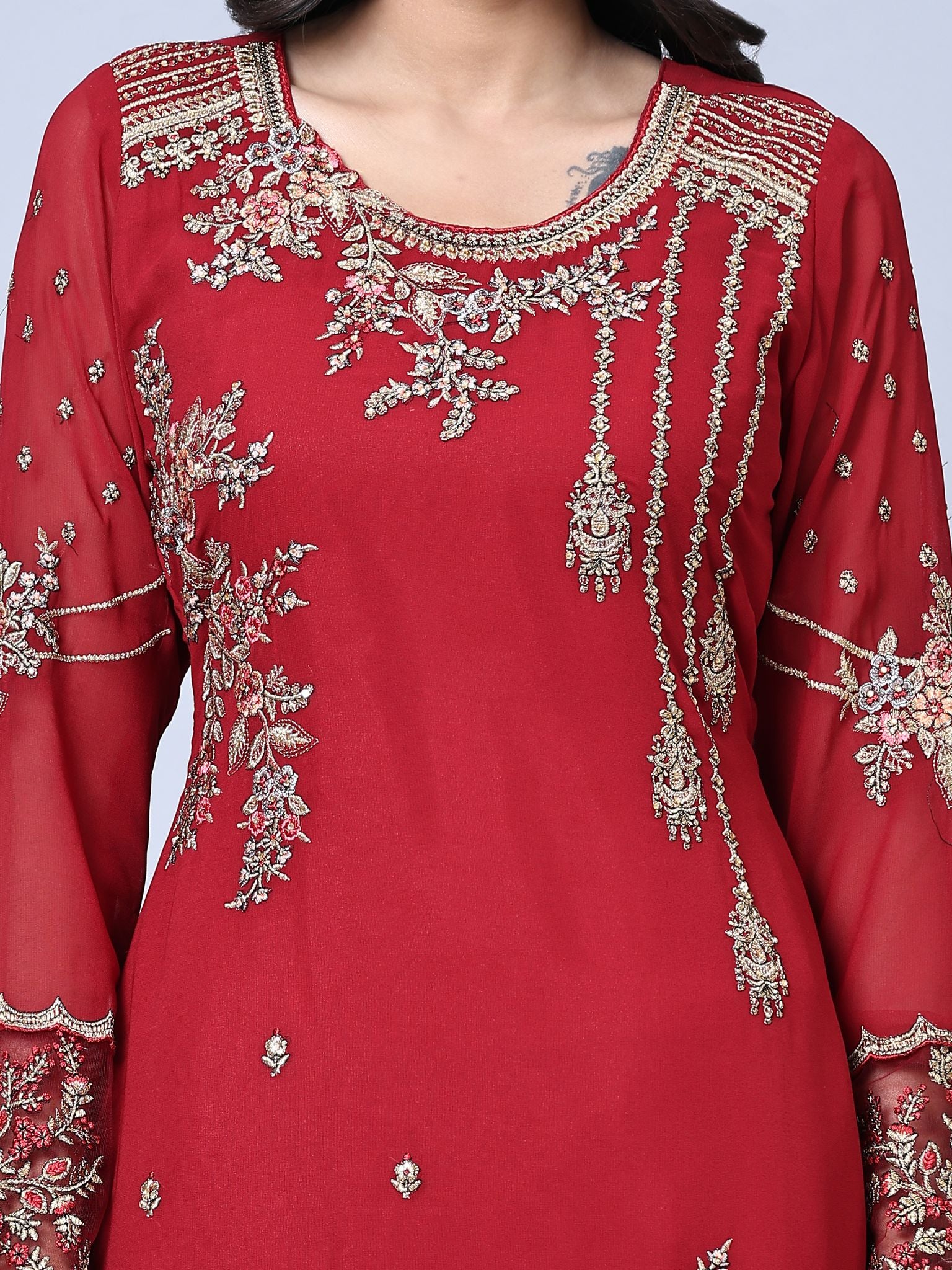 Odette Women Maroon Embroidered Georgette Semi Stitched Straight Partywear Suit - Image 3