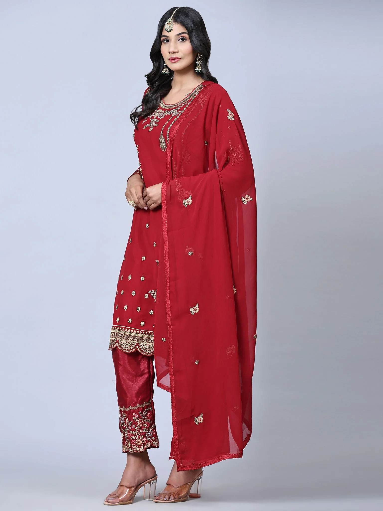 Odette Women Maroon Embroidered Georgette Semi Stitched Straight Partywear Suit - Image 4
