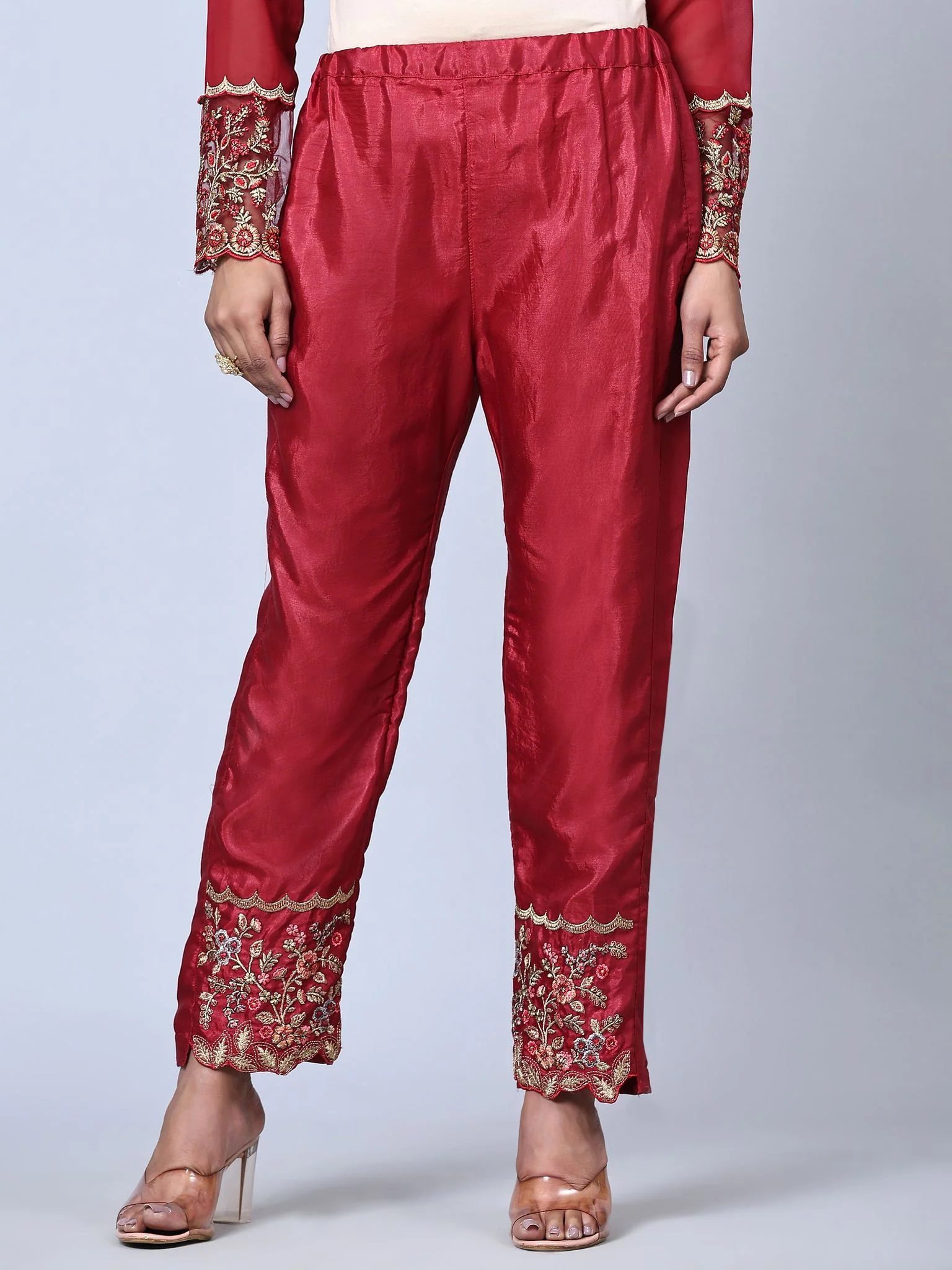 Odette Women Maroon Embroidered Georgette Semi Stitched Straight Partywear Suit - Image 5