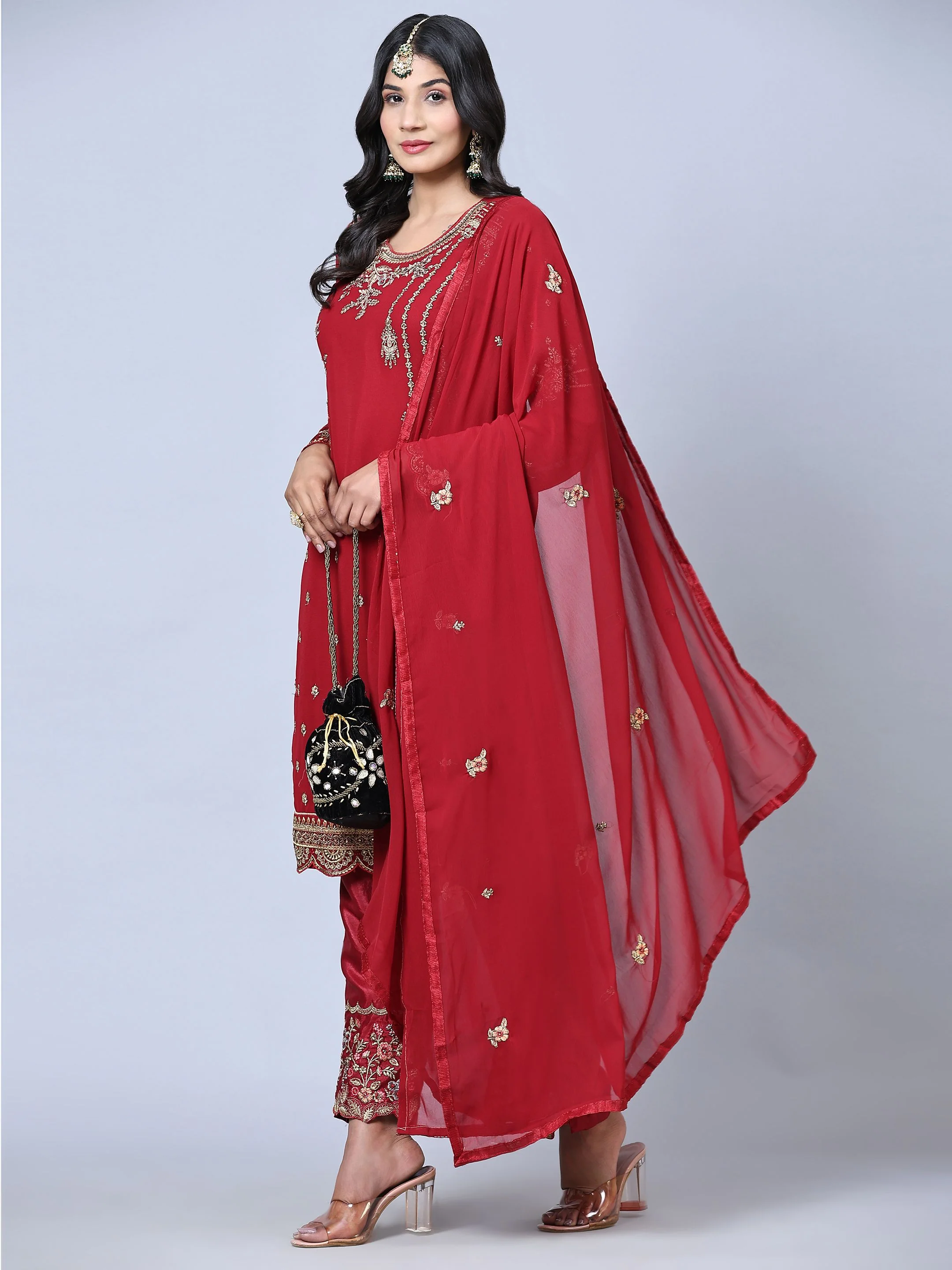 Odette Women Maroon Embroidered Georgette Semi Stitched Straight Partywear Suit - Image 6