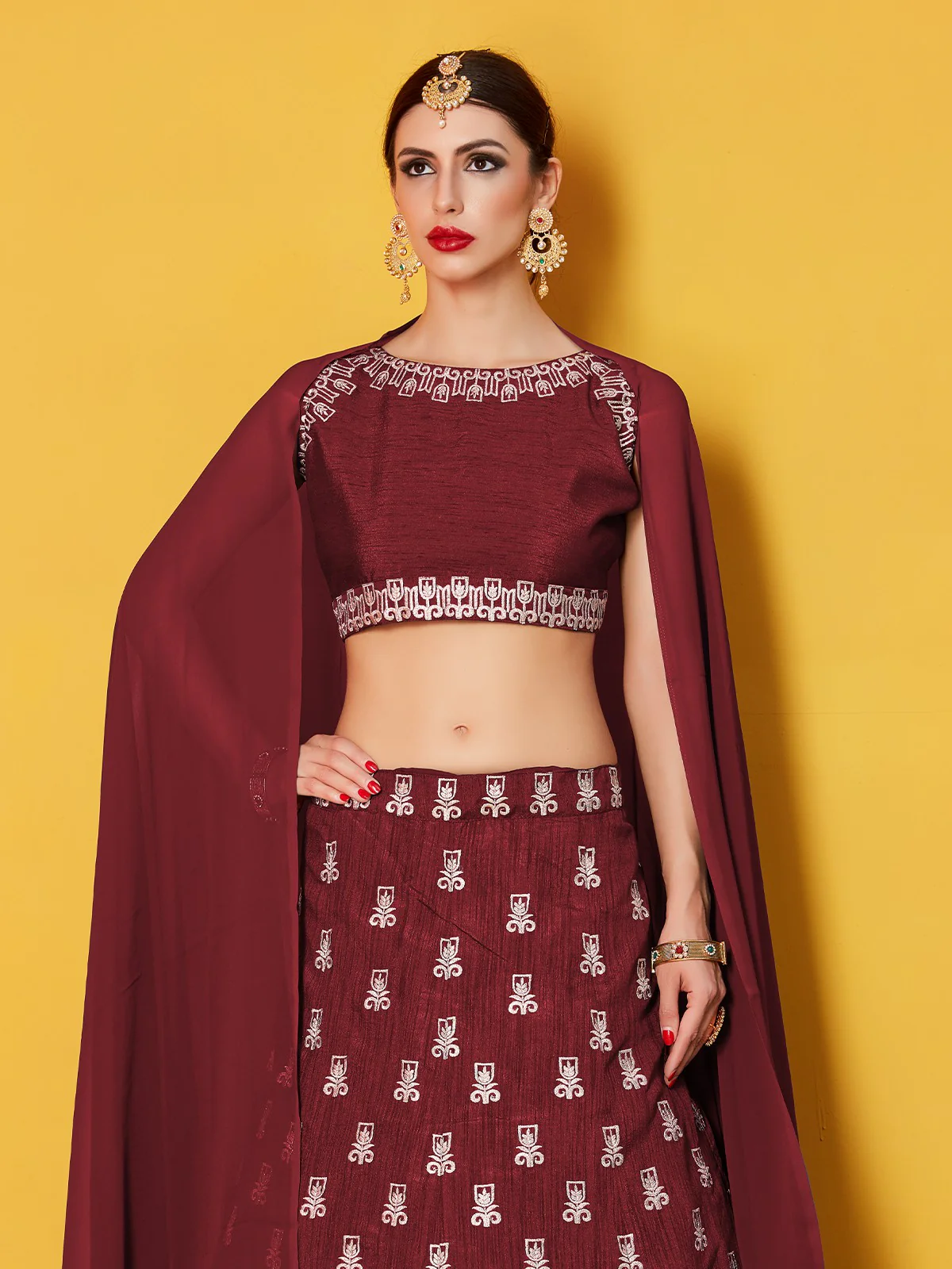 Odette Women Maroon Embroidered Semi Stitched Lehenga With Unstitched Blouse - Image 2