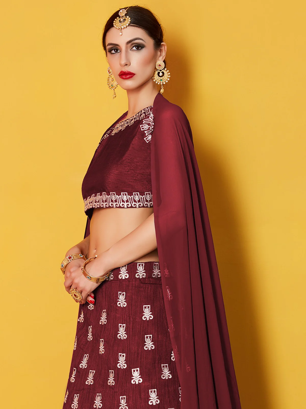 Odette Women Maroon Embroidered Semi Stitched Lehenga With Unstitched Blouse - Image 4