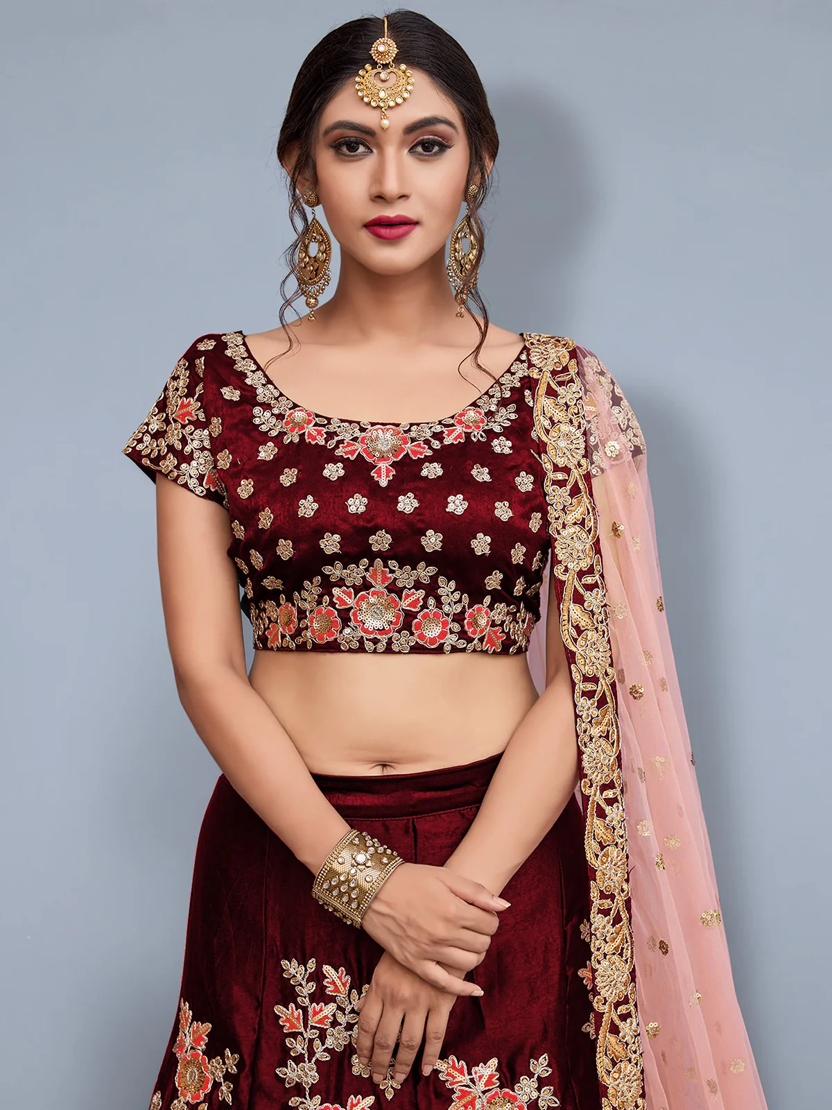 Odette Women Maroon Embroidered Semi Stitched Lehenga With Unstitched Blouse - Image 2
