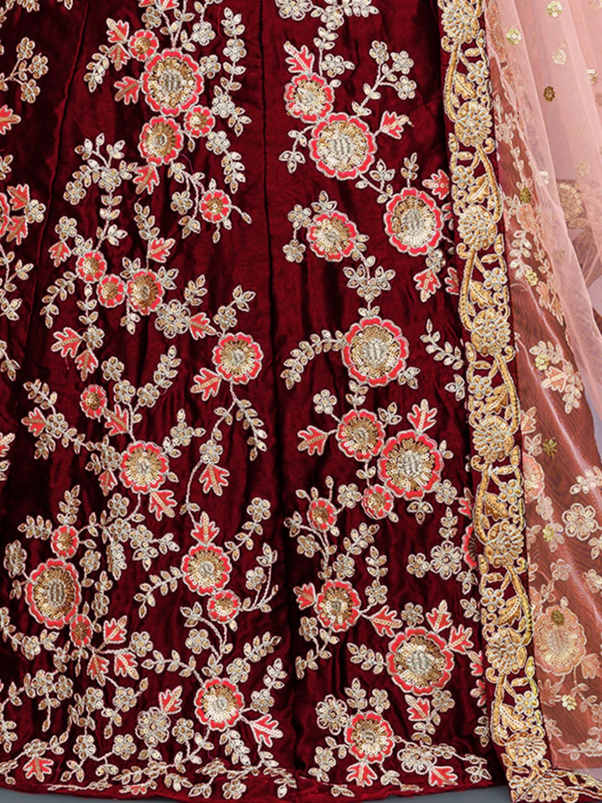 Odette Women Maroon Embroidered Semi Stitched Lehenga With Unstitched Blouse - Image 3